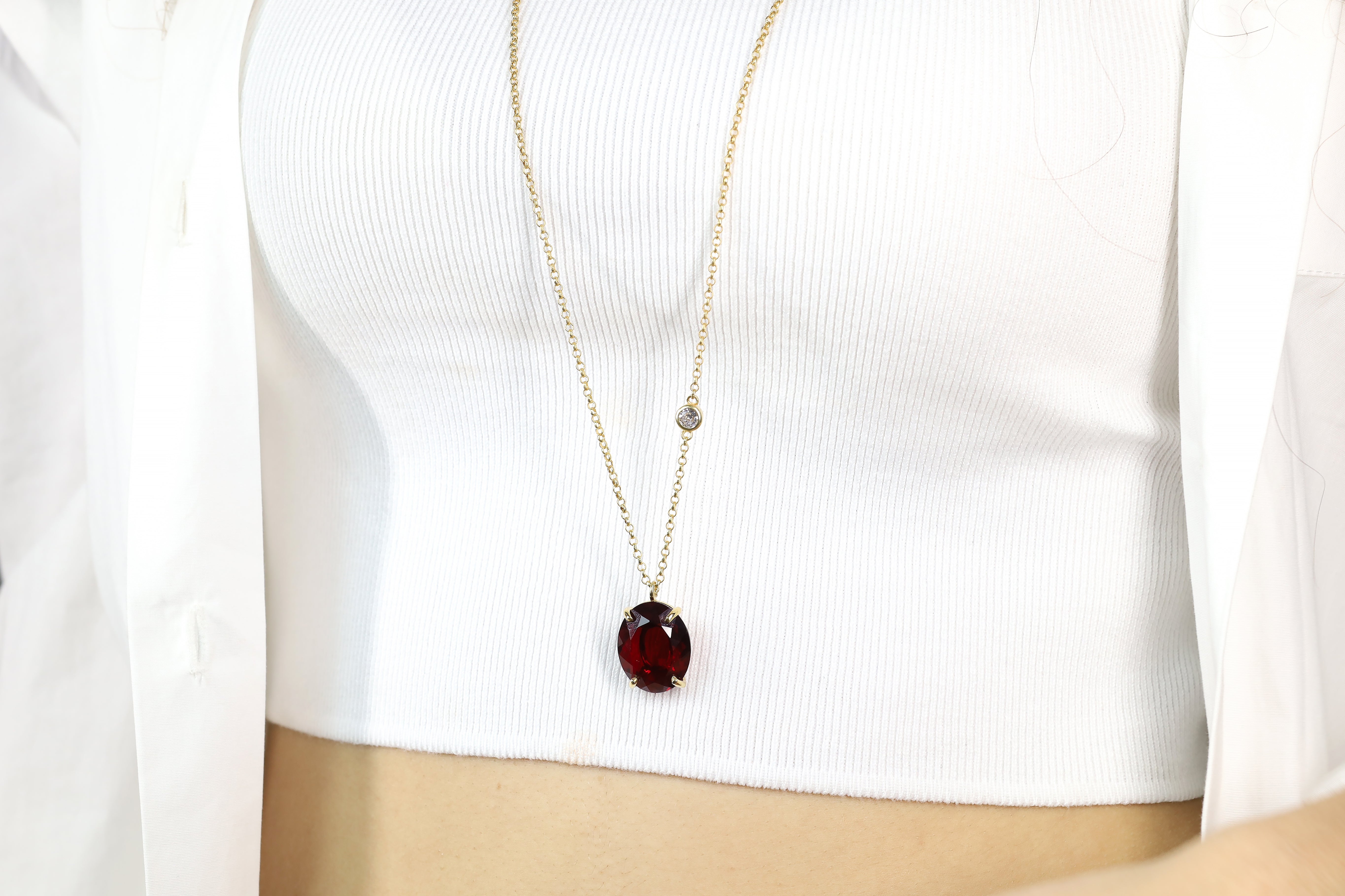 Gold Oval Garnet Gemstone with Cubic Zirconia Accent Gold Necklace necklaces Anemone Jewelry