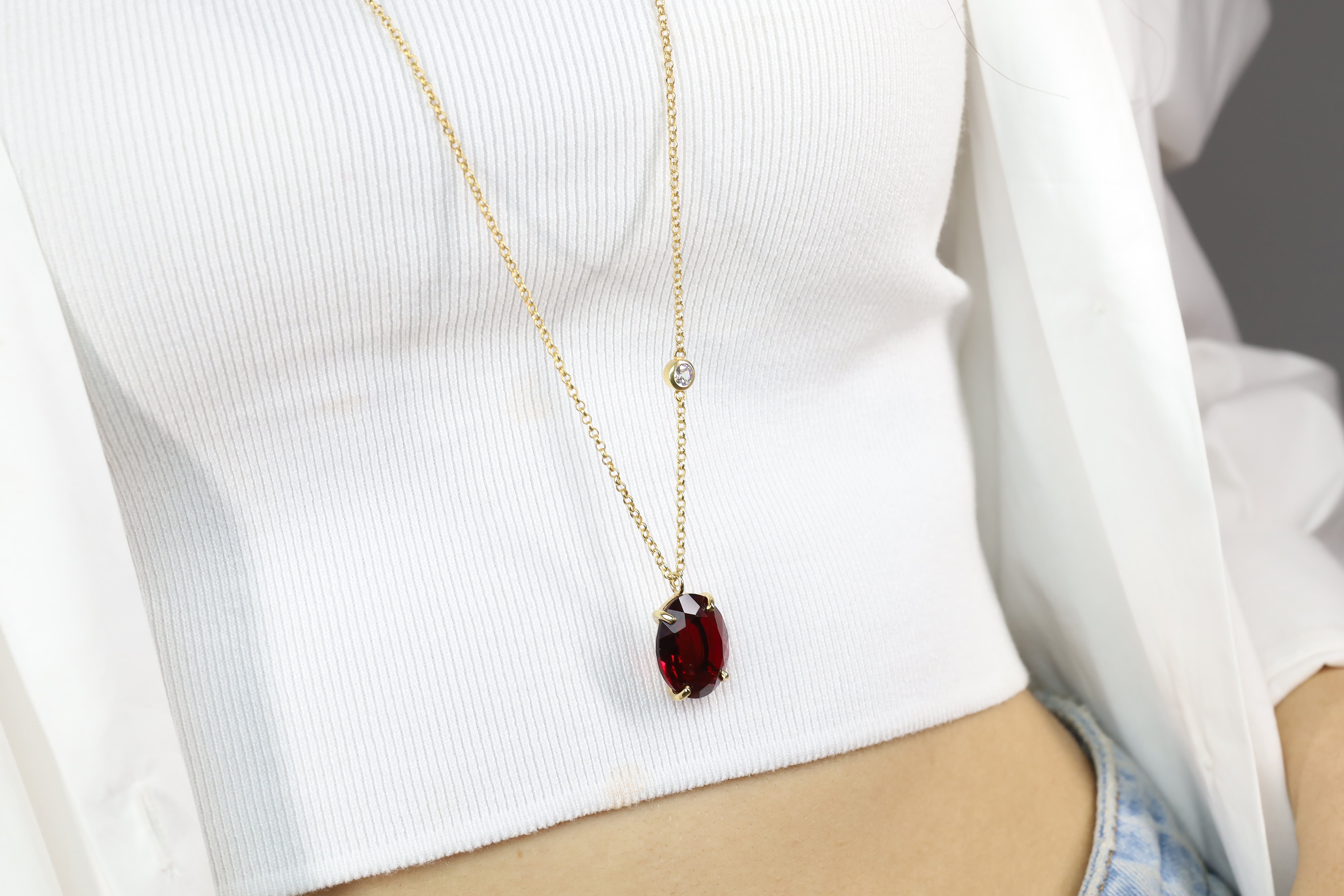 Gold Oval Garnet Gemstone with Cubic Zirconia Accent Gold Necklace necklaces Anemone Jewelry