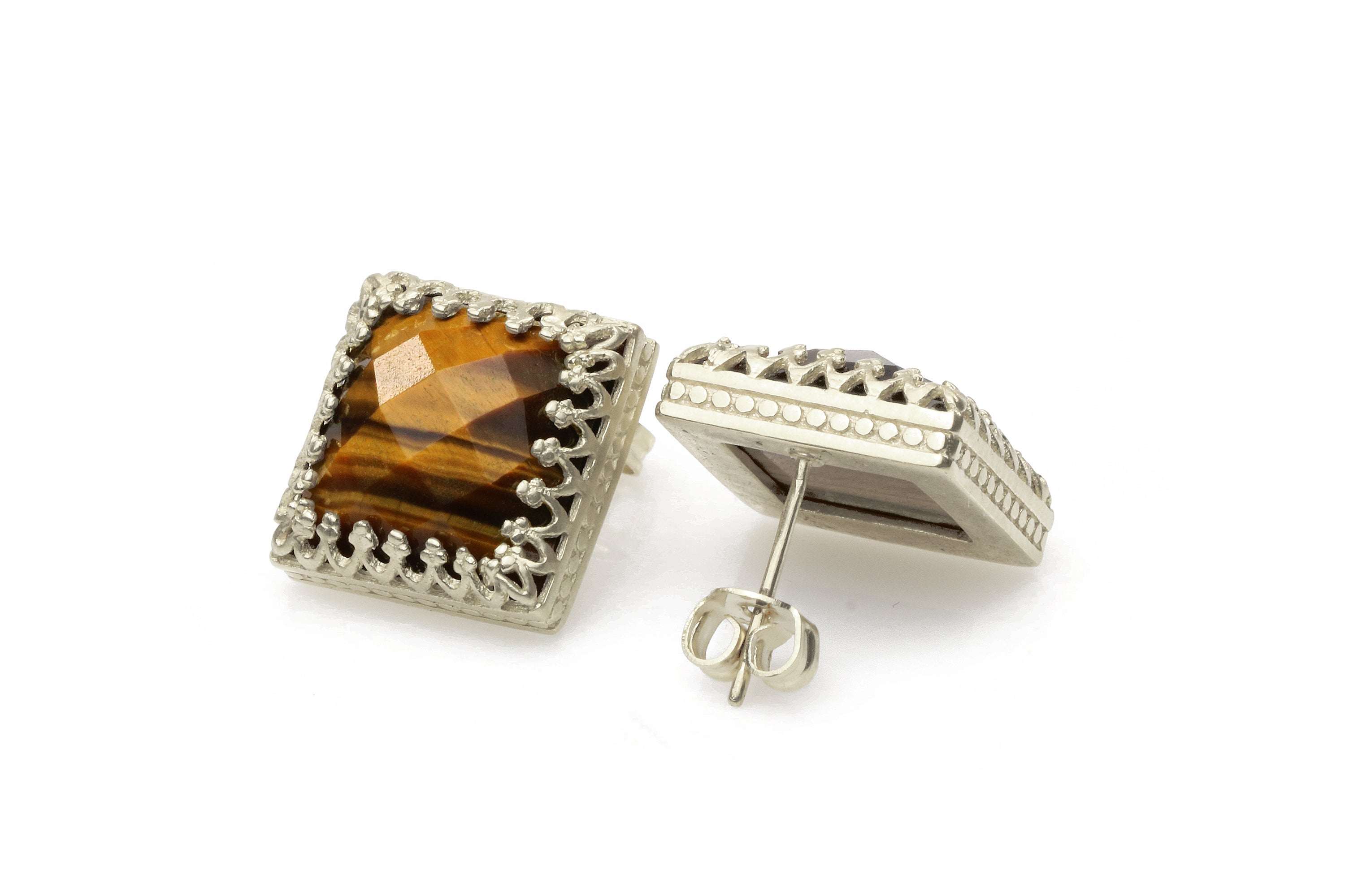 Square Tiger Eye Gemstone Stud Earrings Earrings Anemone Jewelry