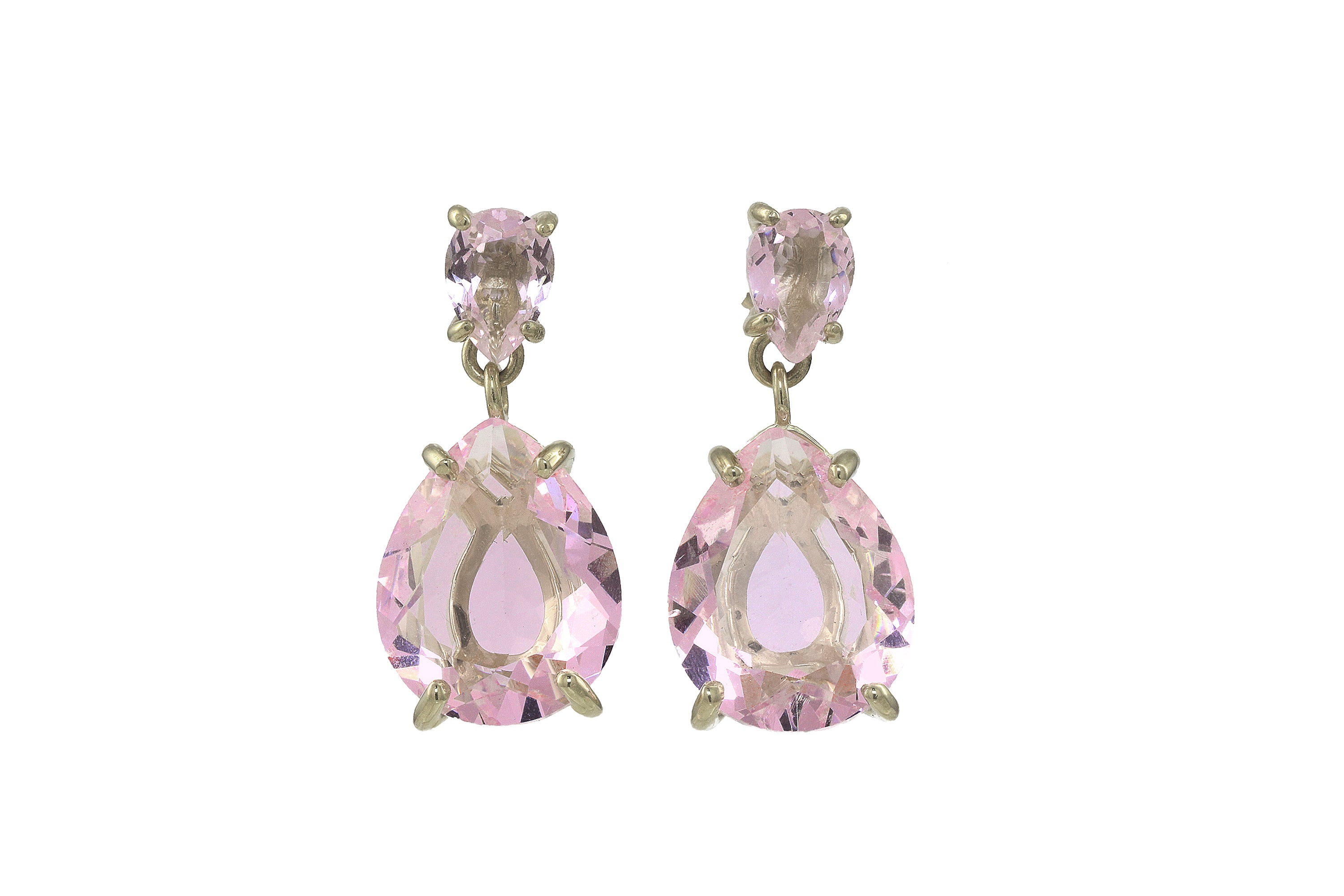 Double Gem Pear Rose Quartz Drop Earrings in Gold Earrings Anemone Jewelry
