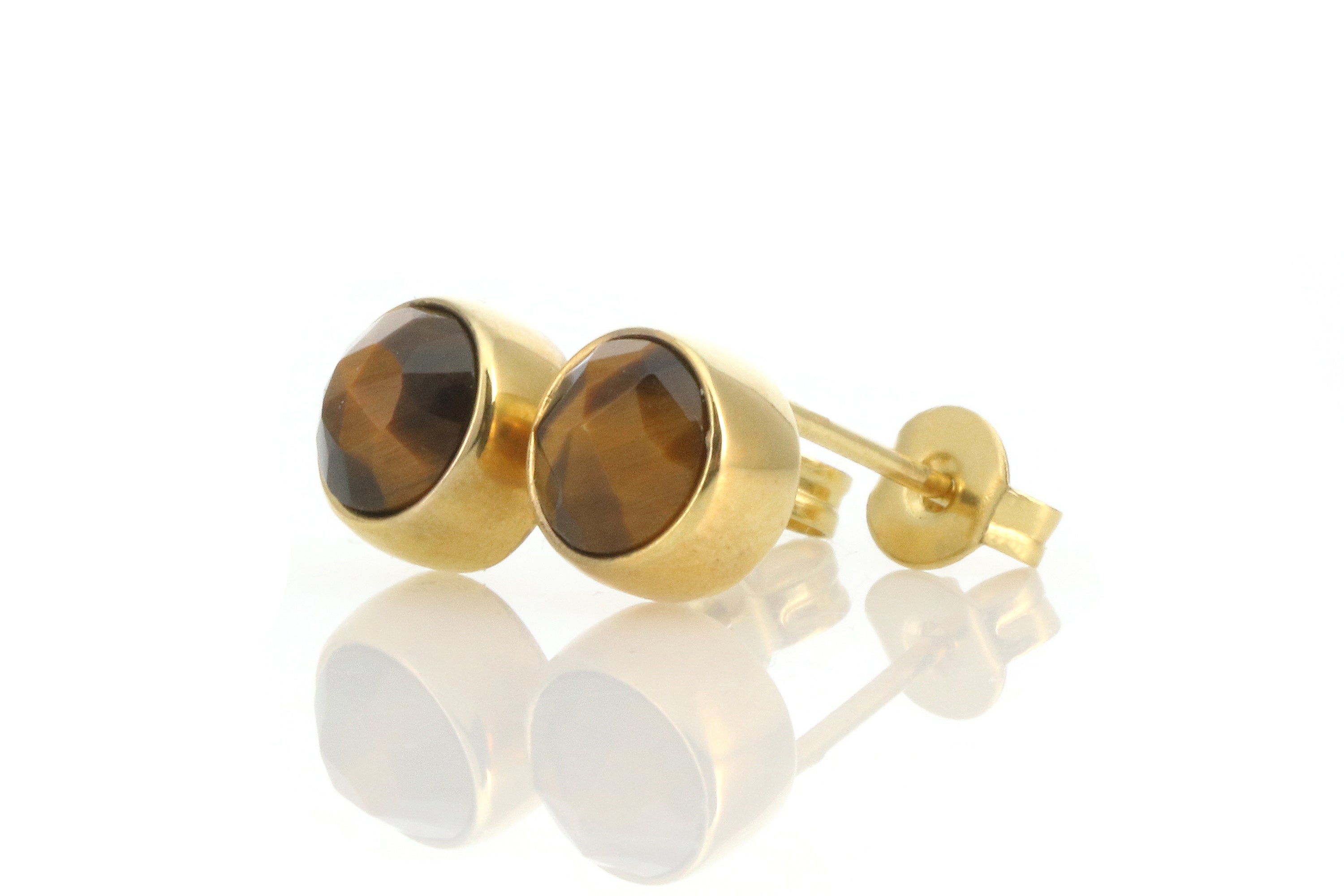 14k Solid Gold Bezel Set Tiger Eye Stud Earrings Earrings Anemone Limited
