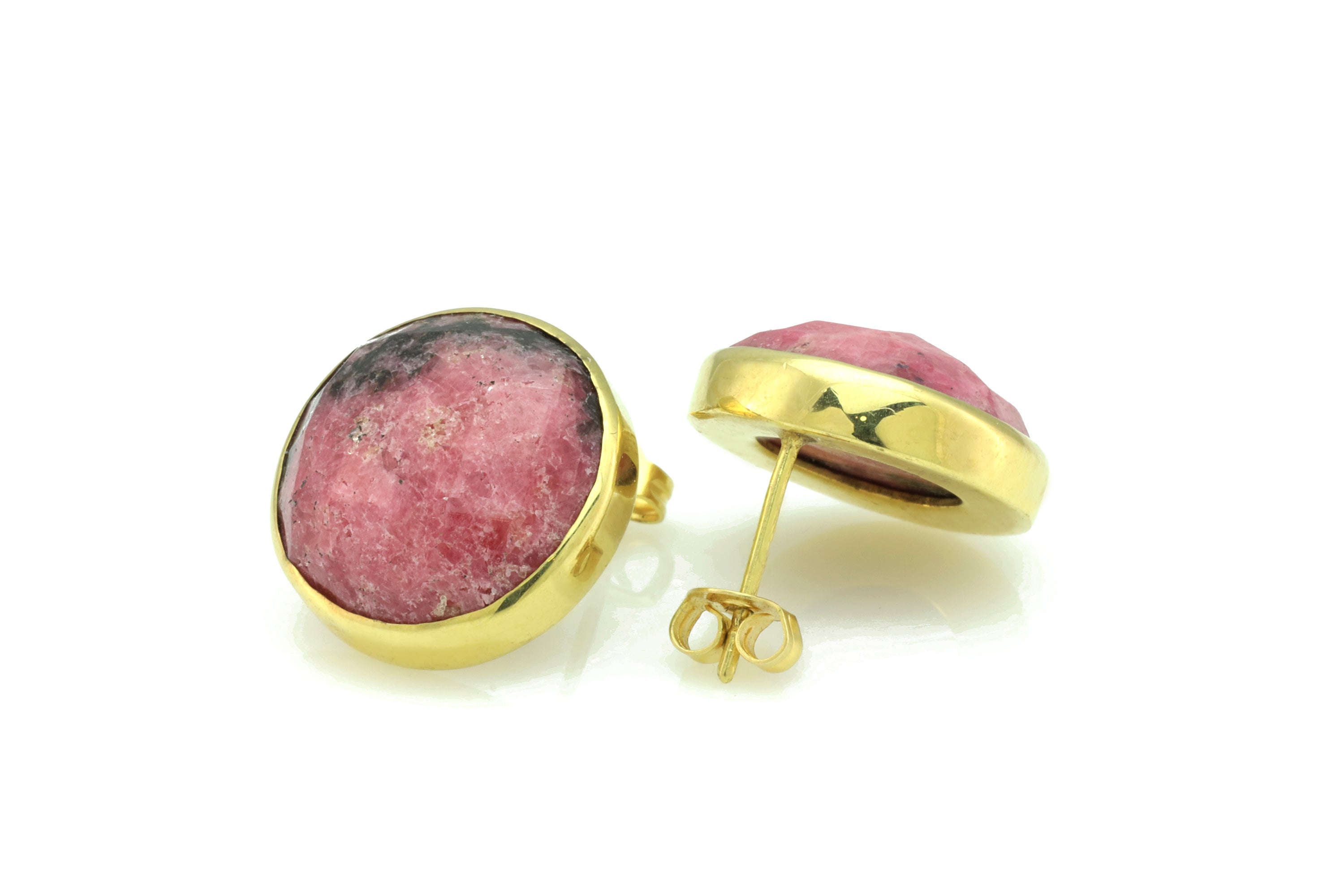 18k Gold Pink Rhodonite Bezel Set Stud Earrings Earrings Anemone Limited