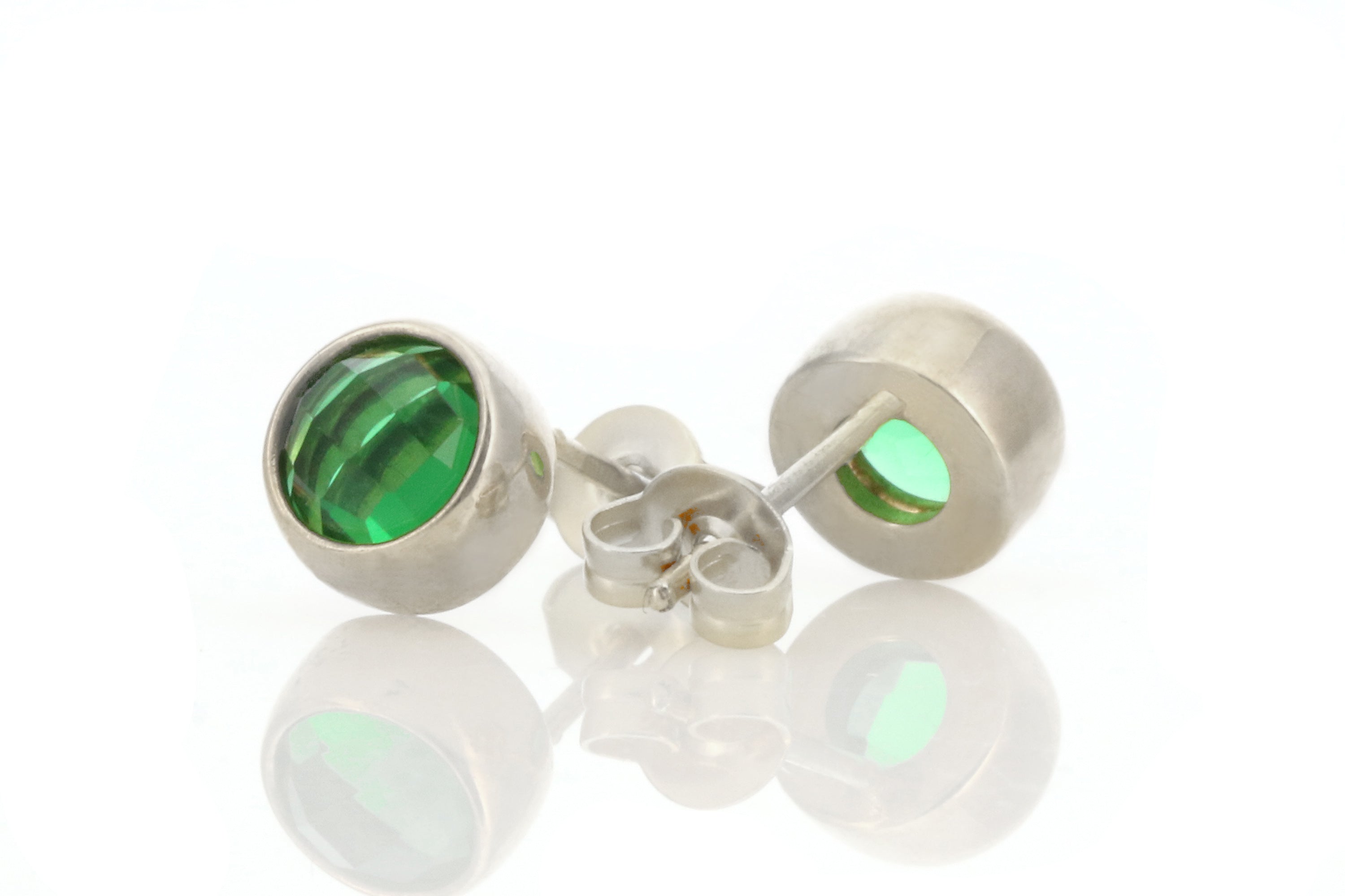 Round Emerald Earrings in Silver Bezel Setting Earrings Anemone Limited