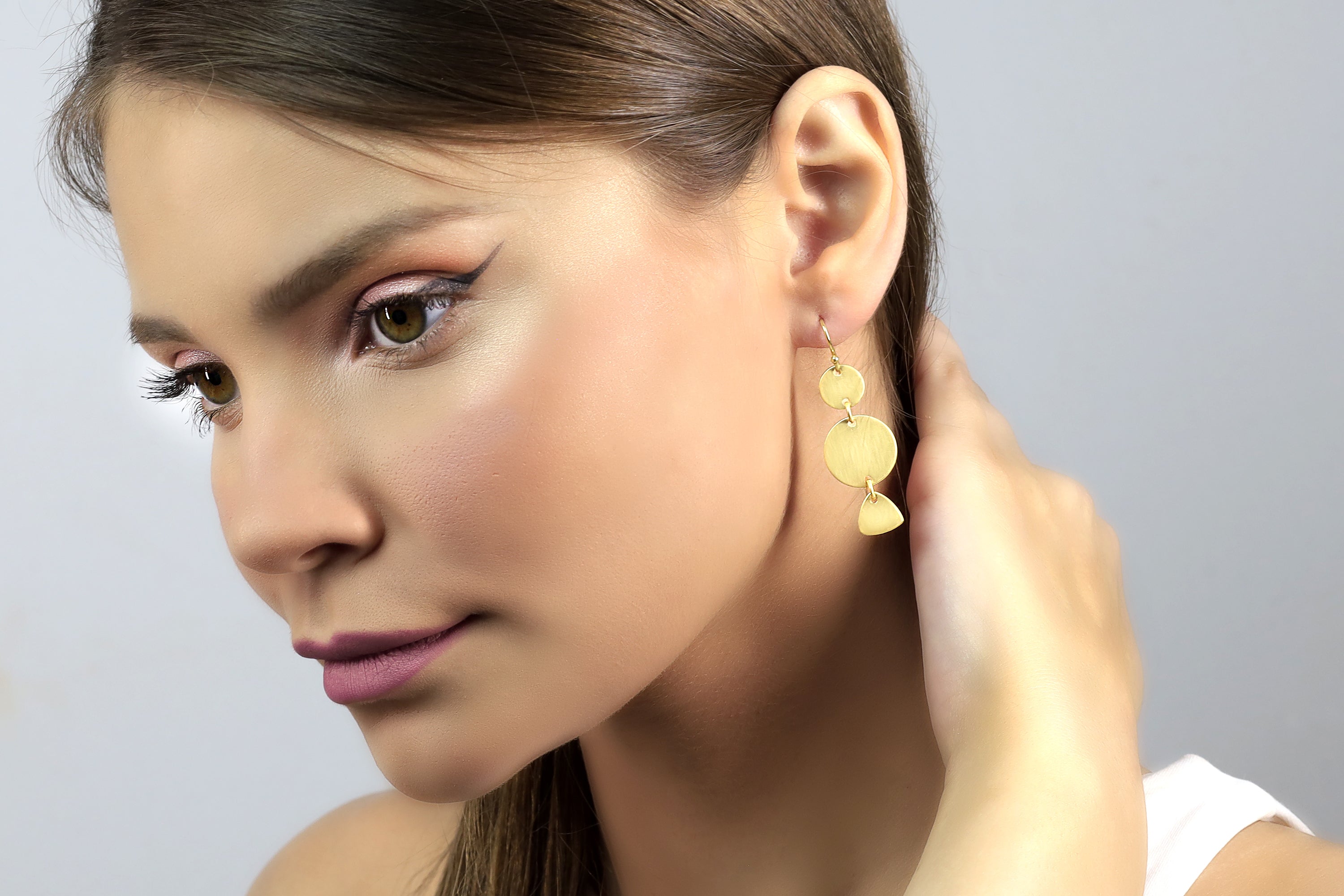 Gold Geometrical Dangle Earrings with 3 Coins Earrings Anemone Jewelry