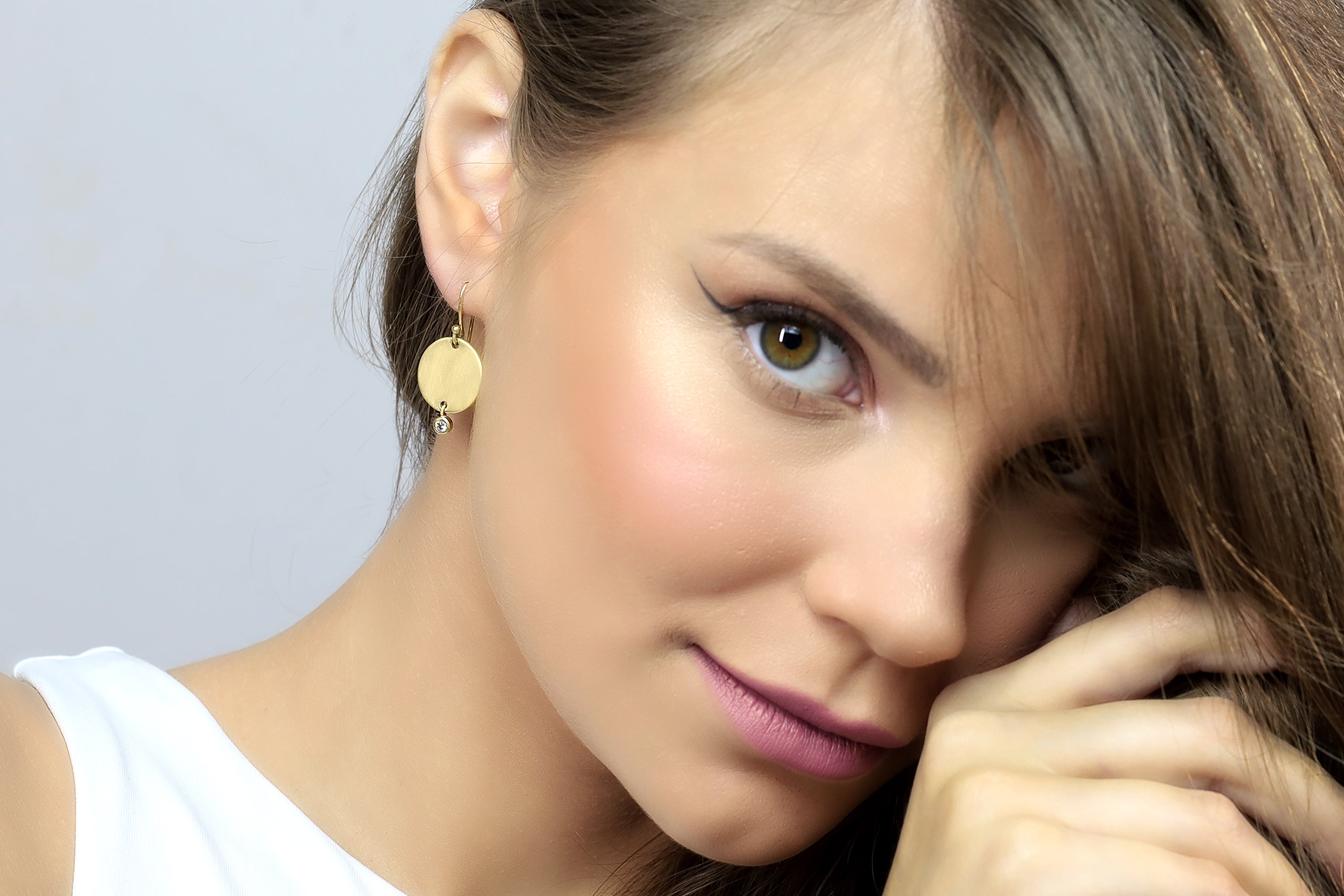 14k Matte Gold Round Coin Earrings With a Dainty CZ Earrings Anemone Jewelry