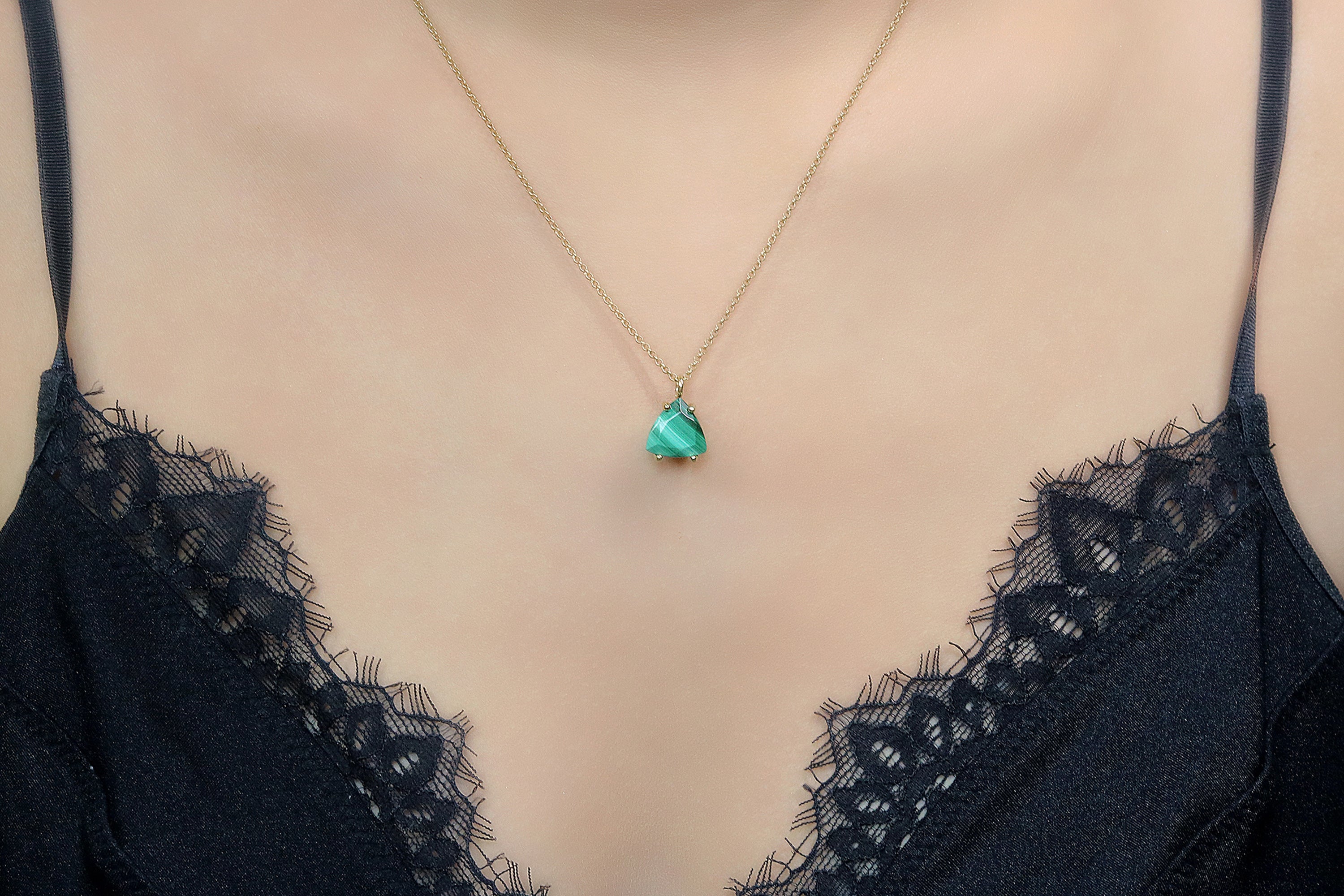 Delicate Trillion Malachite Necklace in Gold necklaces Anemone Unique