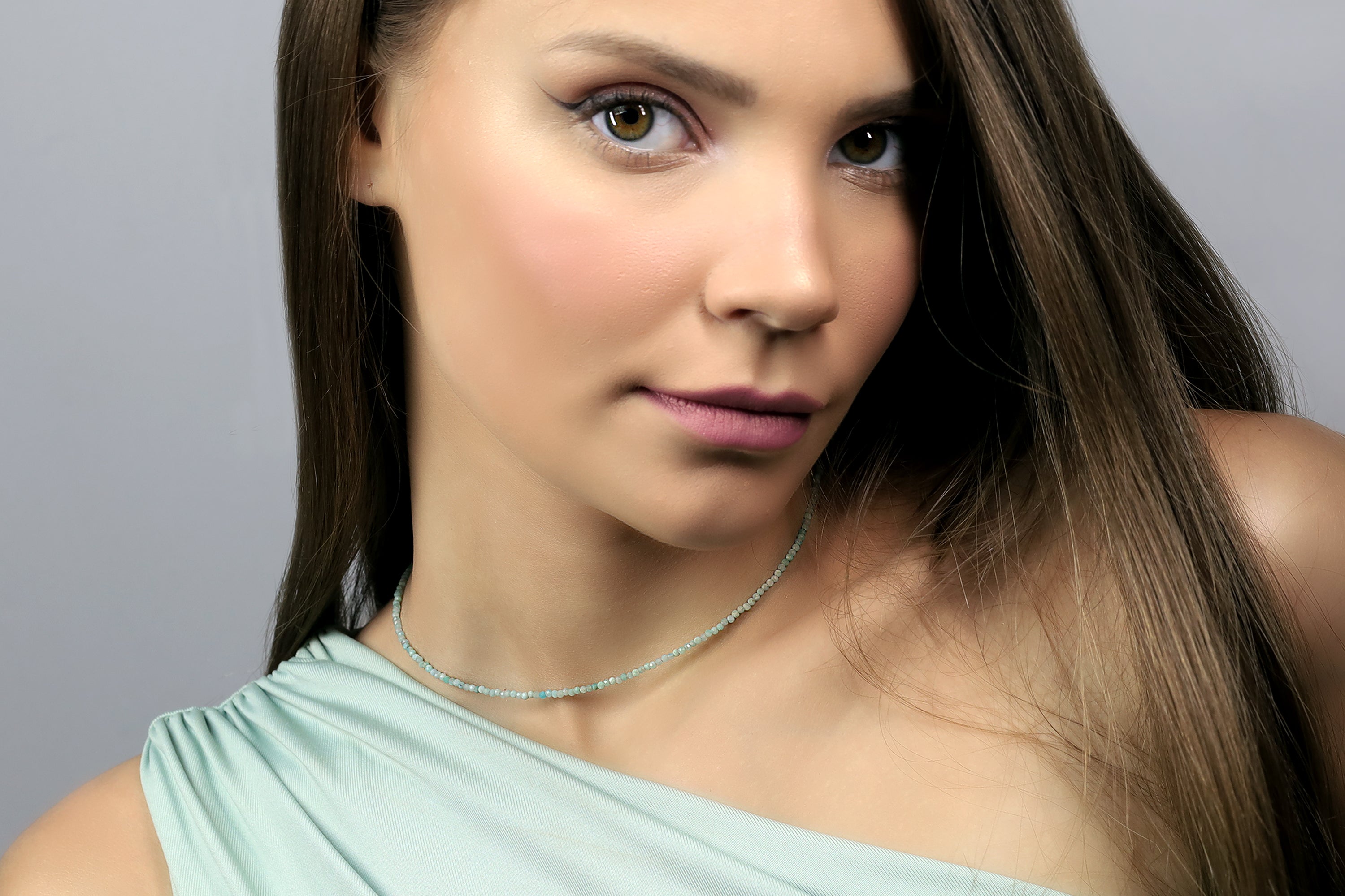 Minimalist 2mm Amazonite Beaded Necklace with Gold Clasp necklaces Anemone Unique
