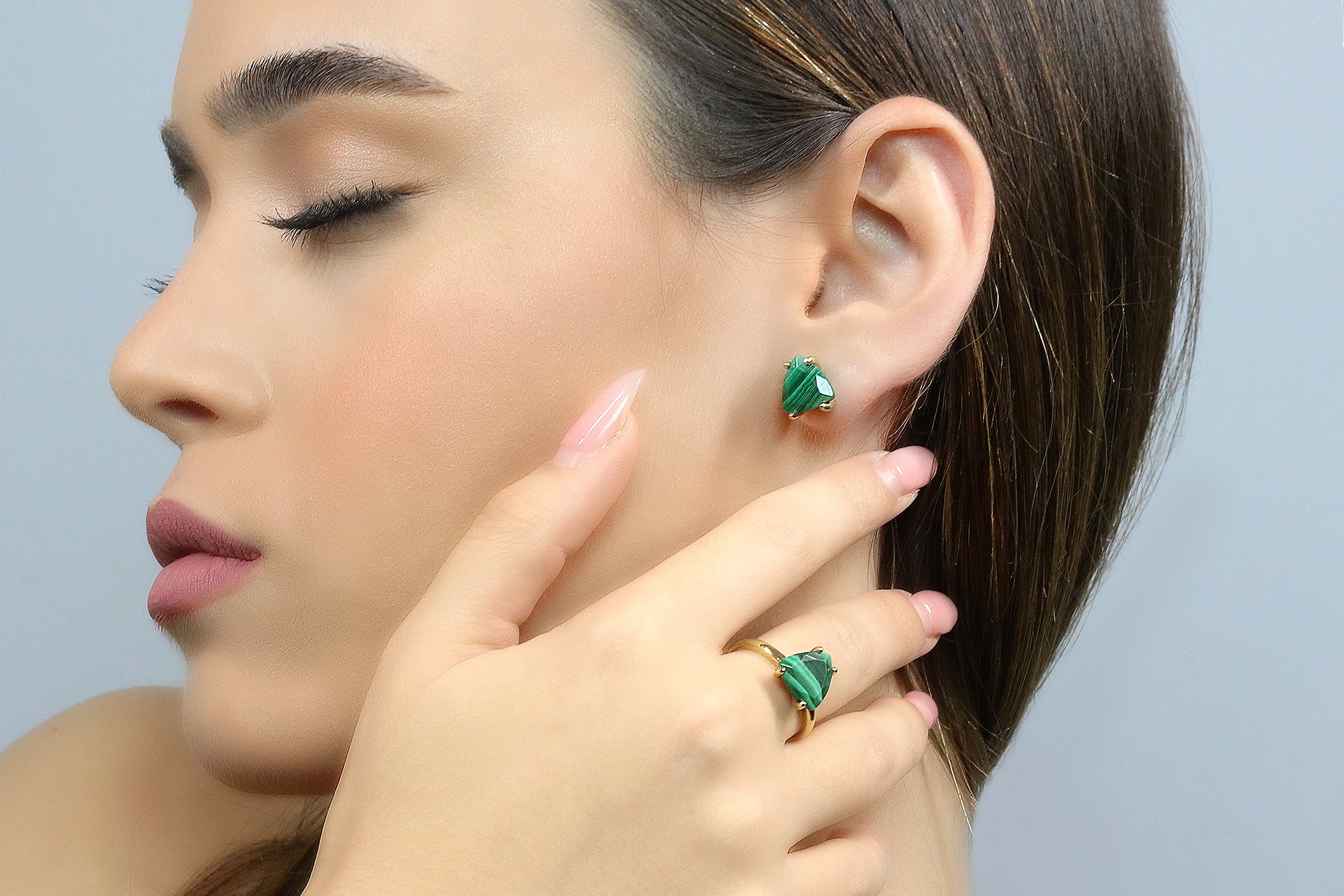 Triangle Malachite Earrings in Gold Earrings Anemone Unique