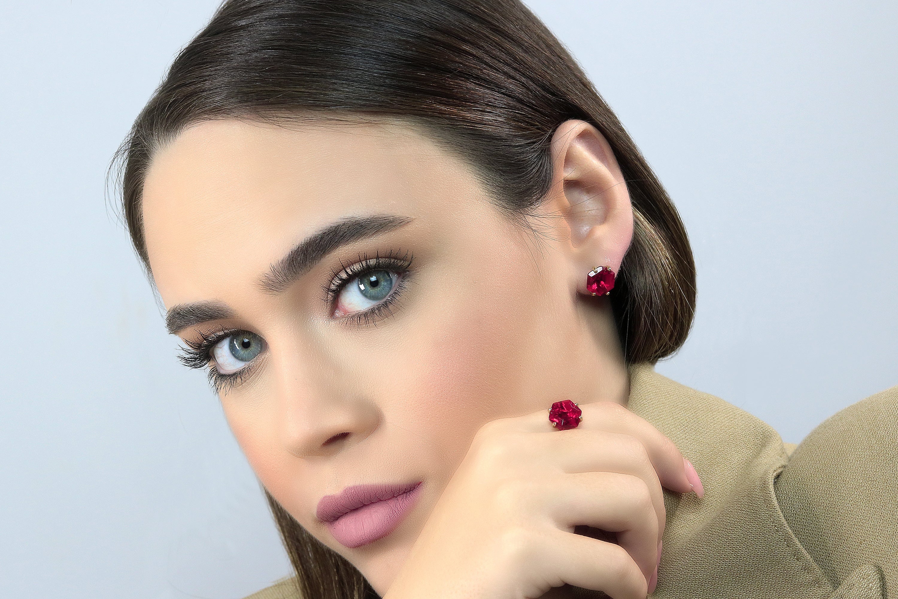 Hexagon Ruby Gold Stud Earrings Earrings Anemone Unique