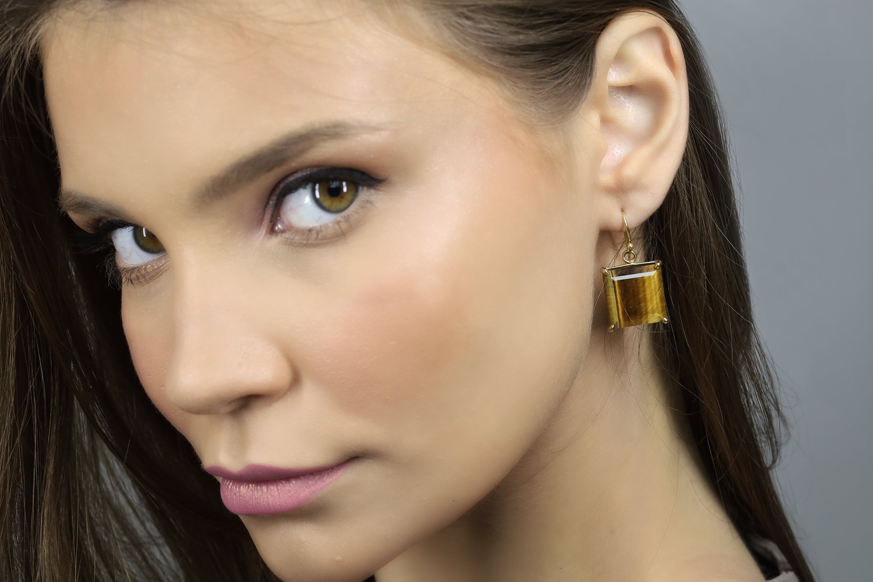 Square Statement Tiger Eye Gold Earrings Earrings Anemone Jewelry