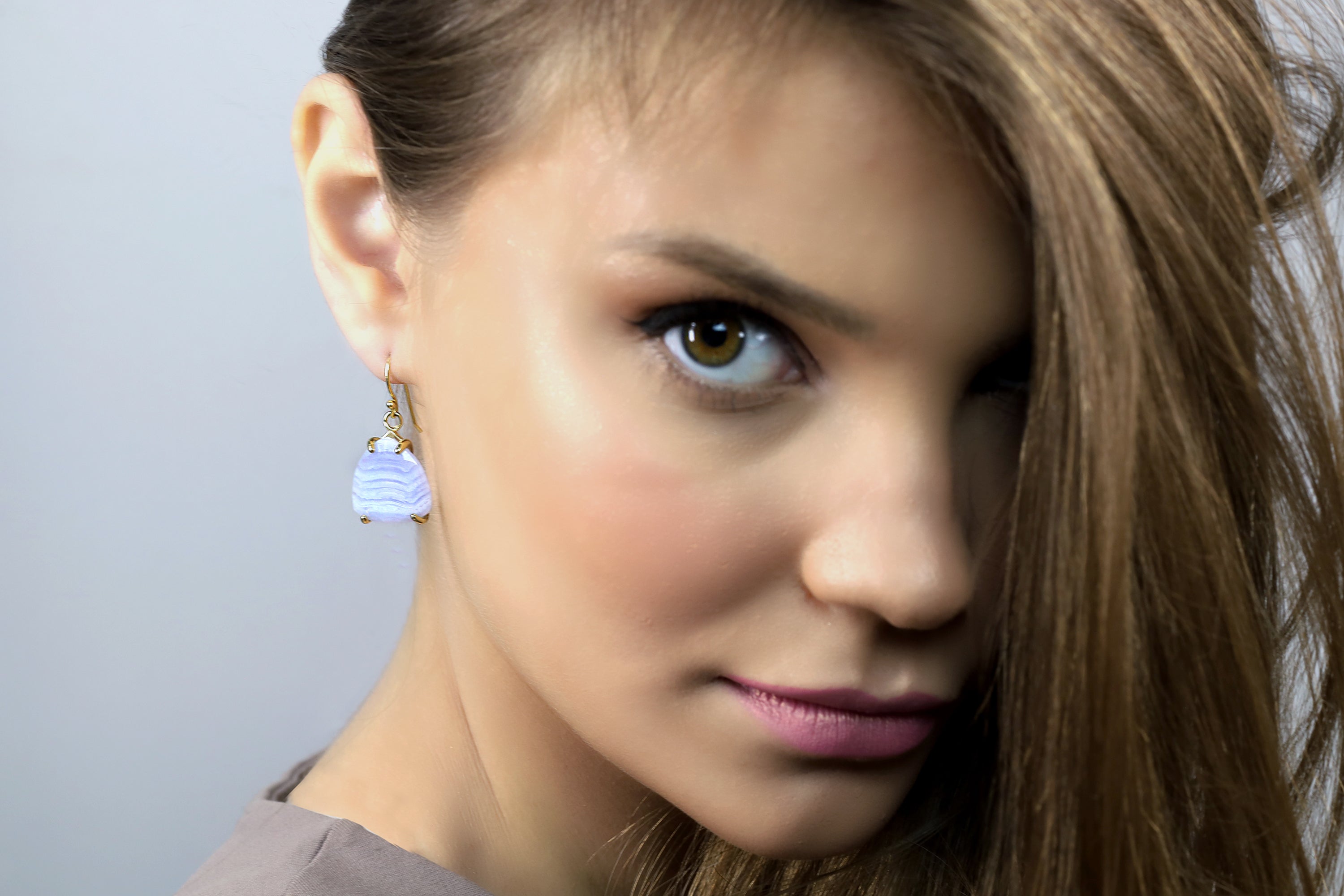 Trillion Shape Blue Lace Agate Gold Earrings Earrings Anemone Jewelry