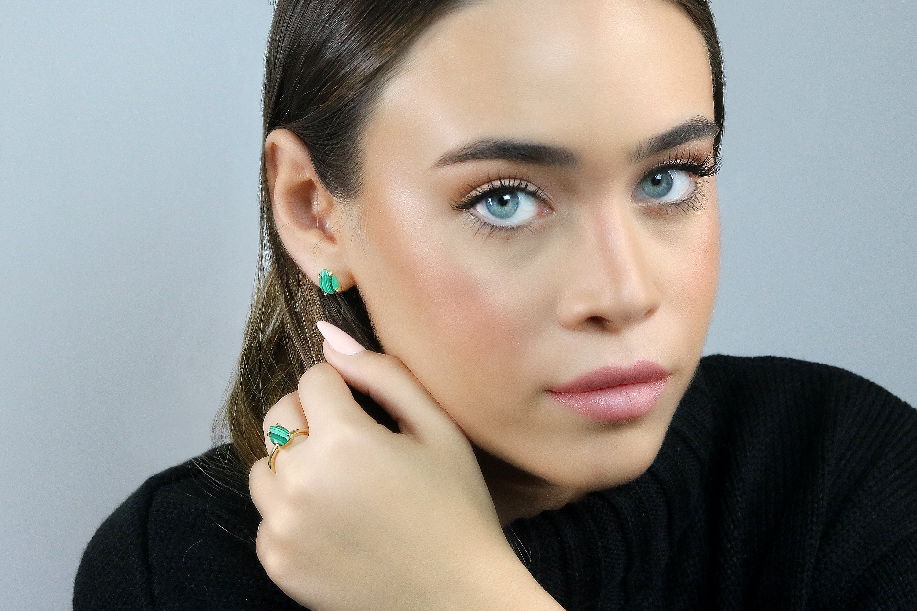 Banded Malachite Gold Stud Earrings Earrings Anemone Unique