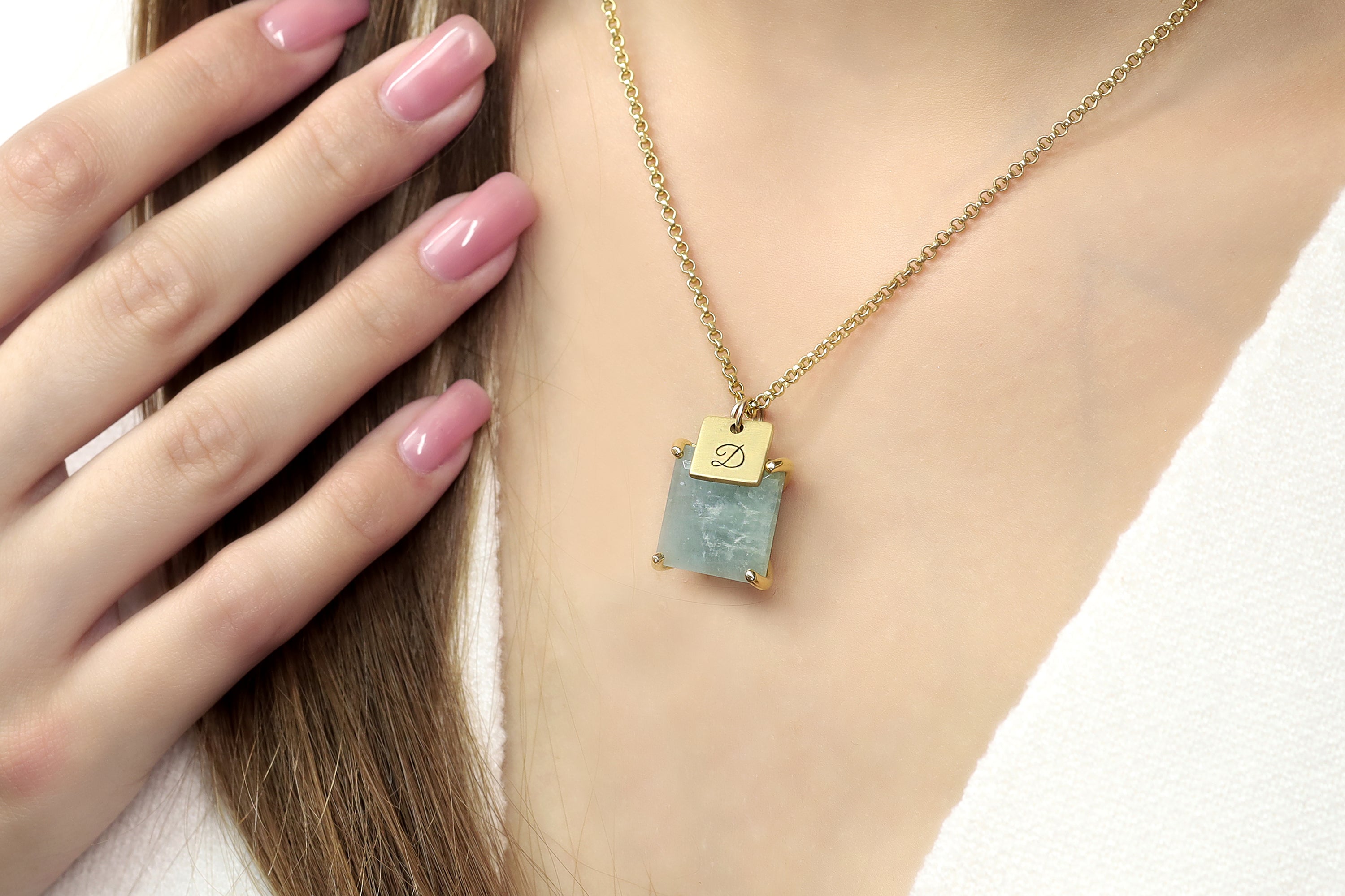 Aquamarine Square Gemstone Gold with Initial Coin Charm Pendant necklaces Anemone Jewelry