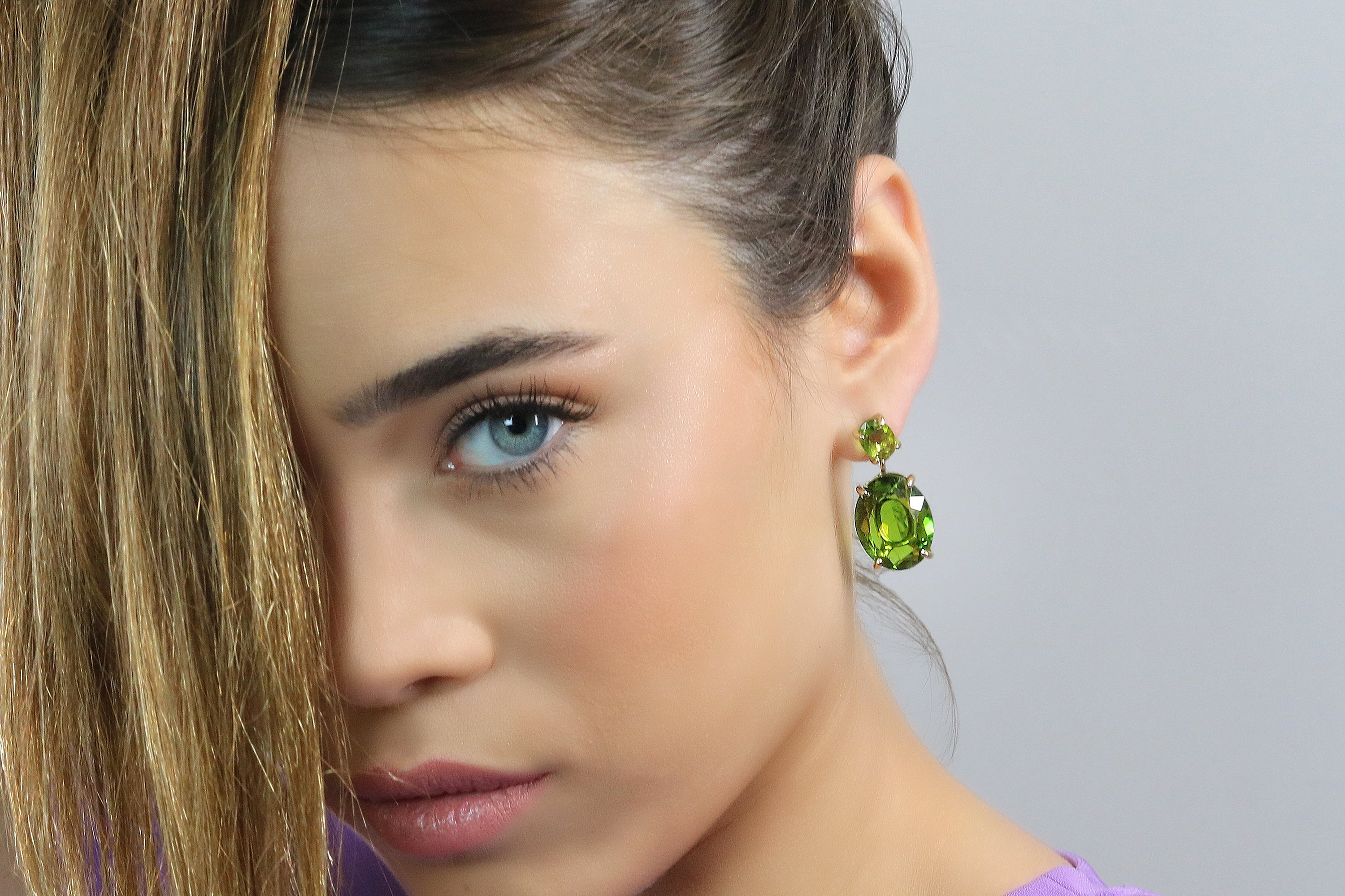 Oval Double Stone Peridot Gold Dangle Earrings Earrings Anemone Jewelry