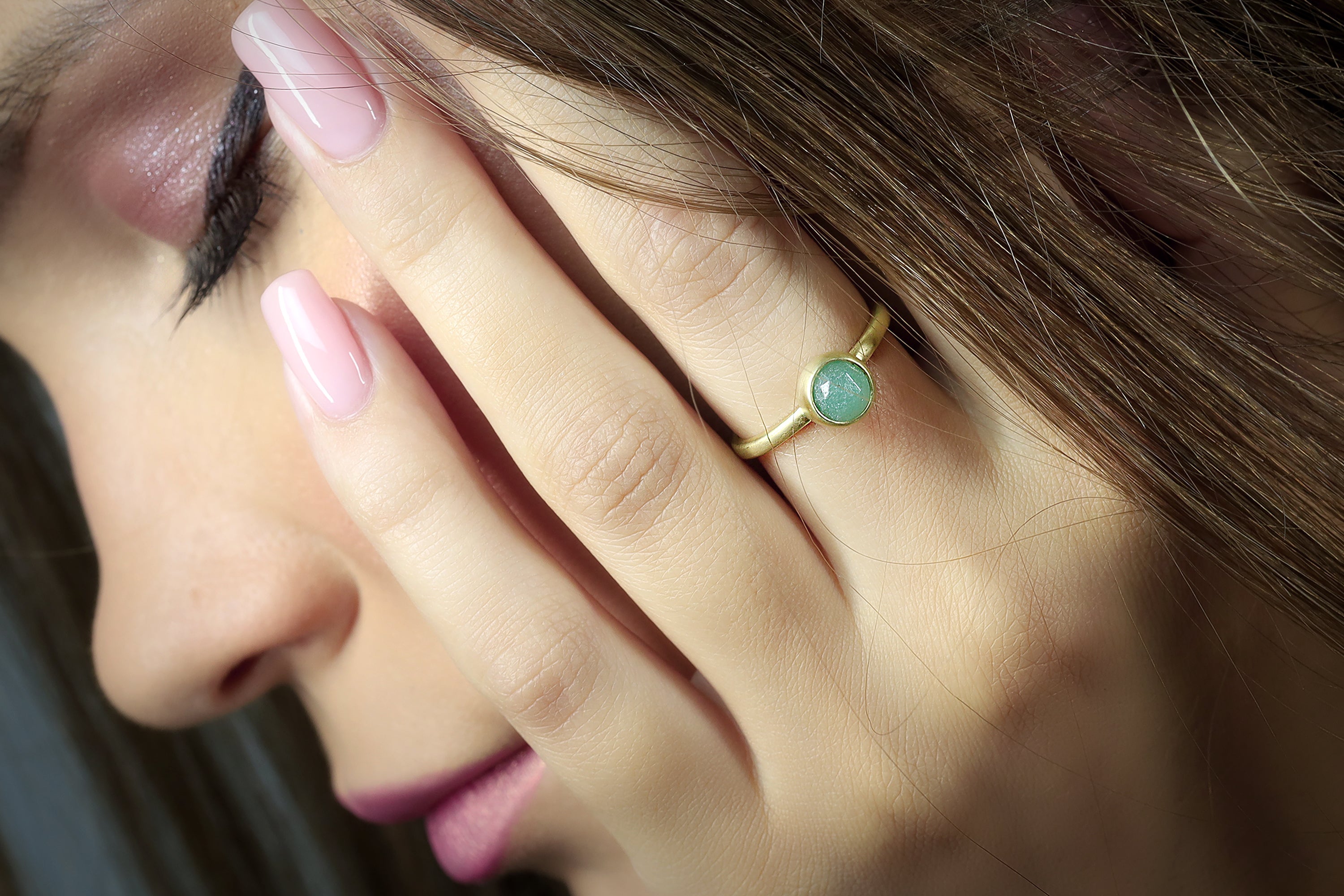 Delicate Dainty Gold Green Aventurine Round Bezel Ring Rings Anemone Limited