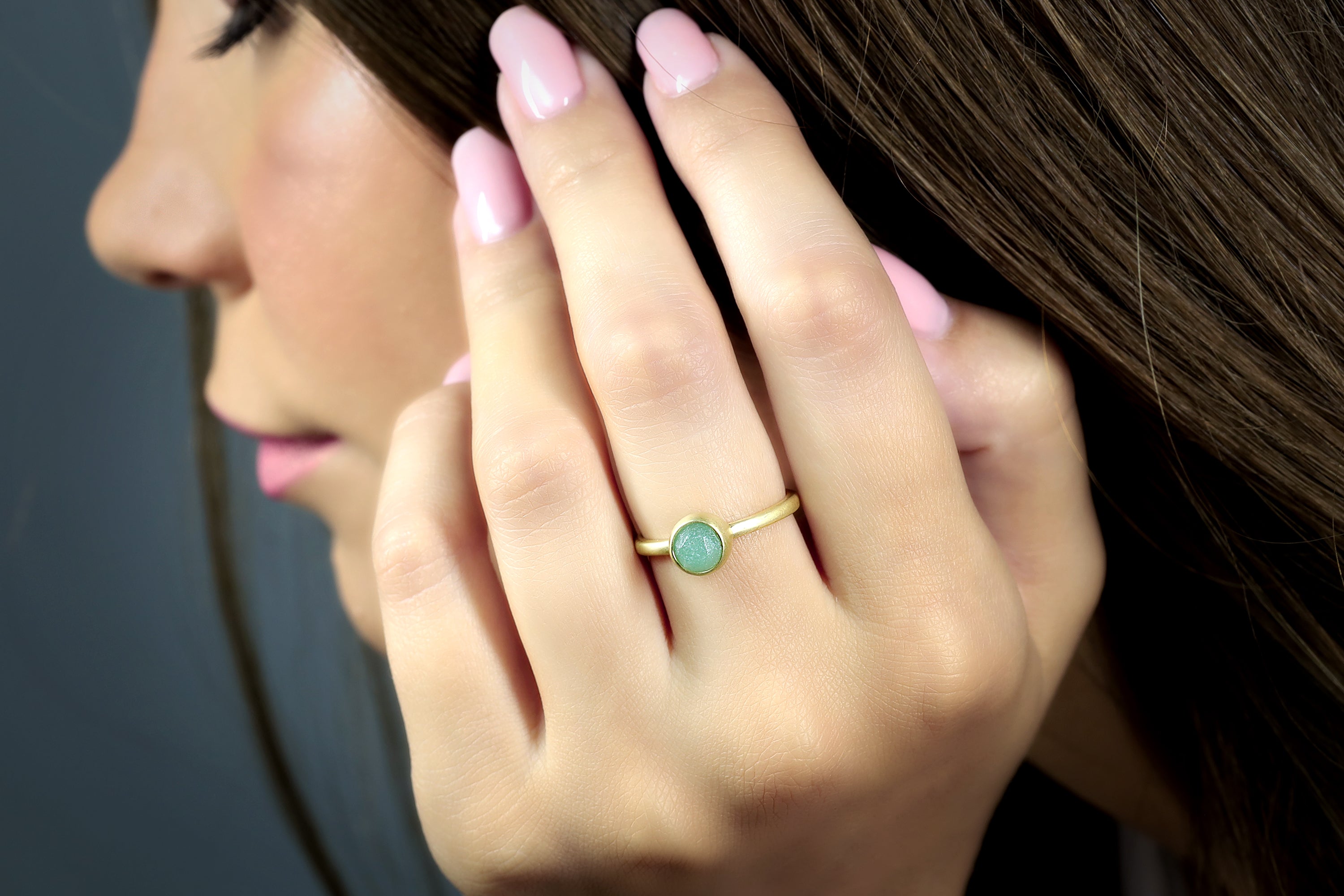 Delicate Dainty Gold Green Aventurine Round Bezel Ring Rings Anemone Limited