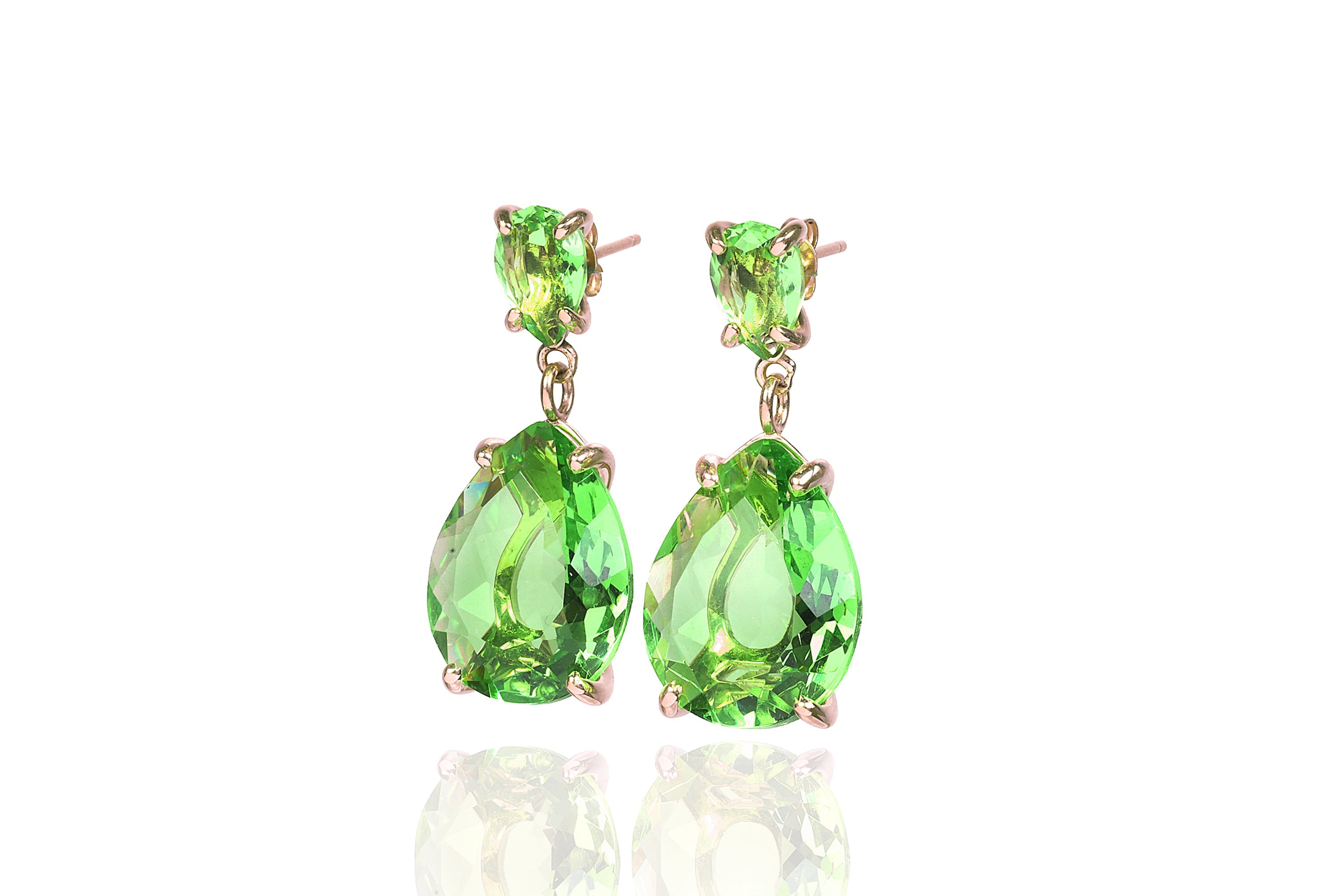 Green Tourmaline Double Pear Gemstone Gold Dangle Earrings Earrings Anemone Jewelry