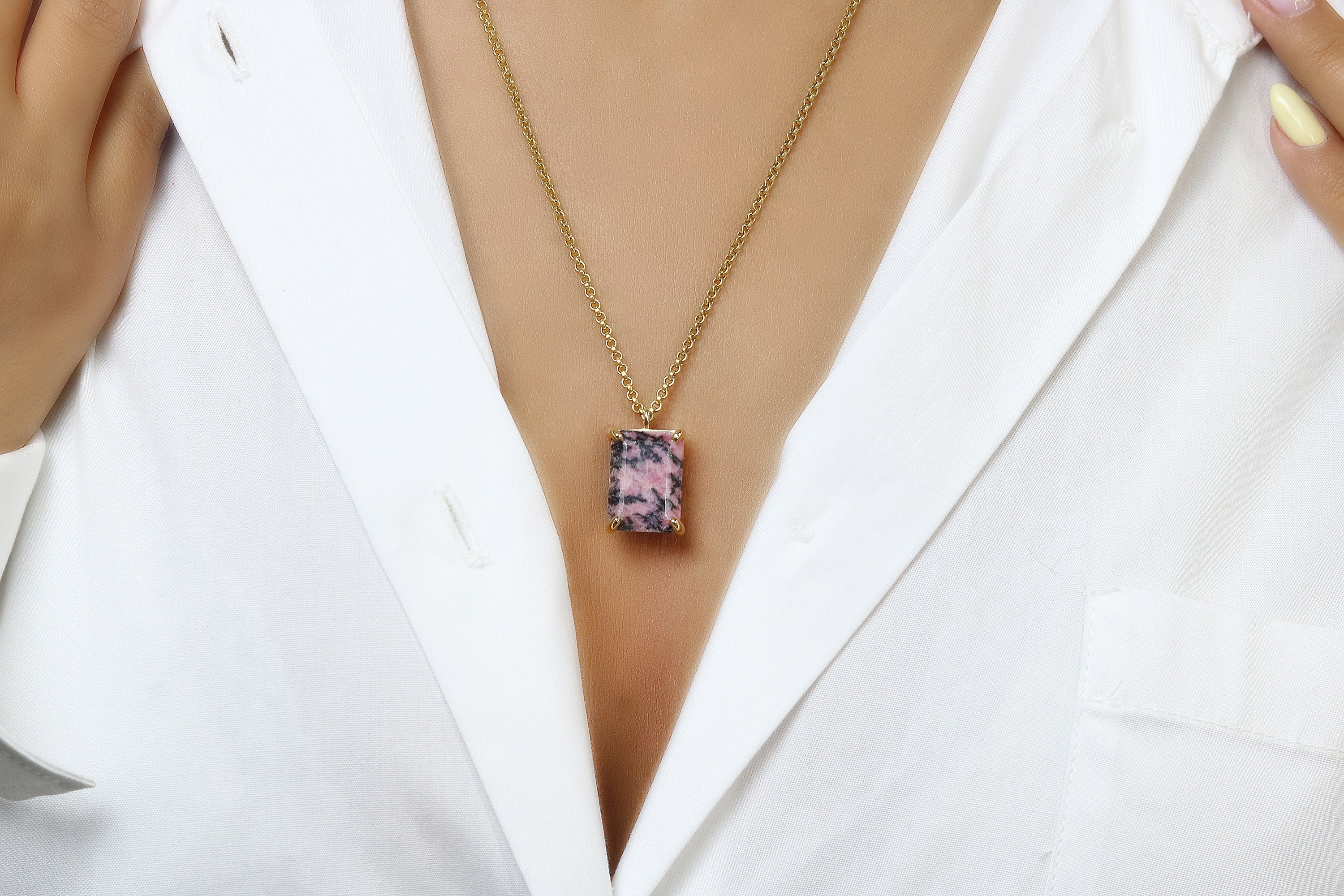 Rectangle Cut Rhodonite Crystal Necklace necklaces Anemone Jewelry