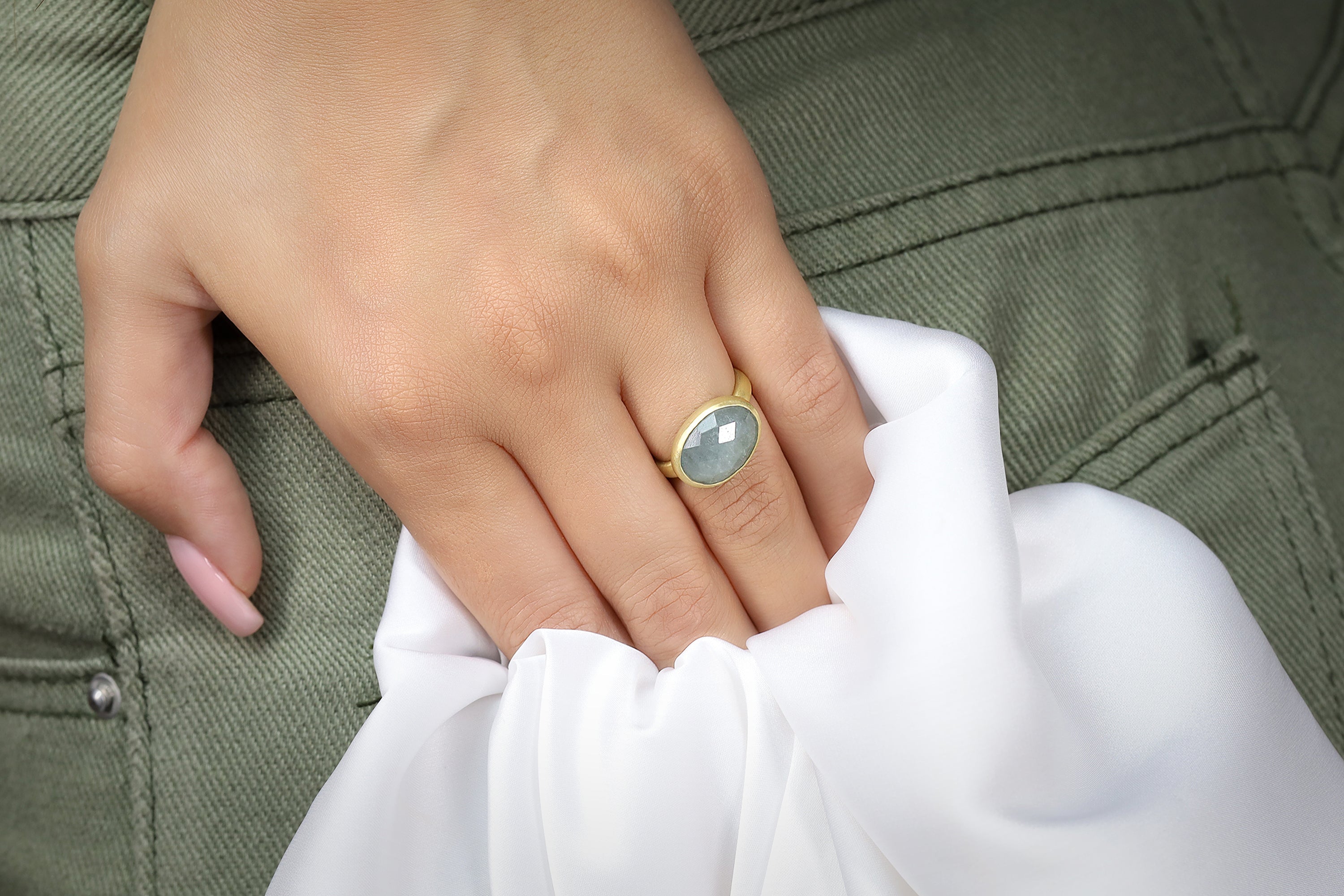 Oval Bezel Set Gold Stacking Aquamarine Ring Rings Anemone Limited