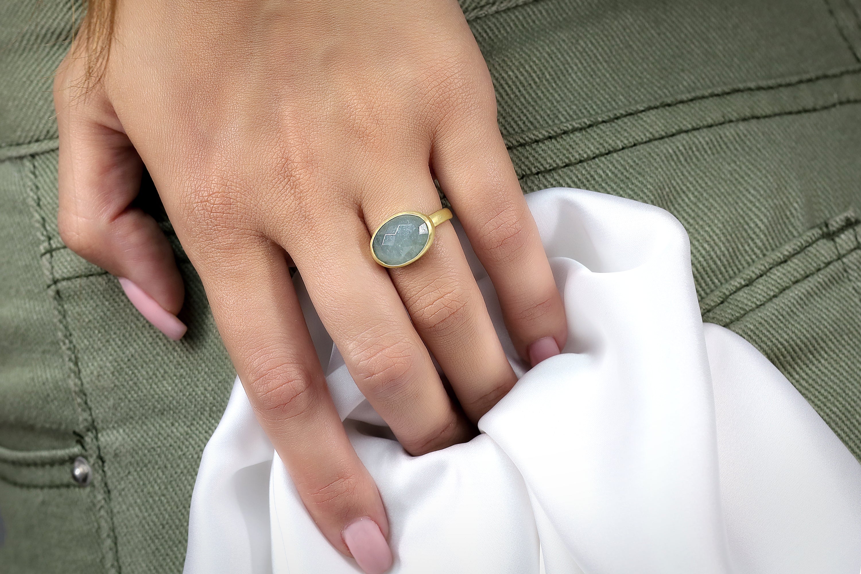 Oval Bezel Set Gold Stacking Aquamarine Ring Rings Anemone Limited