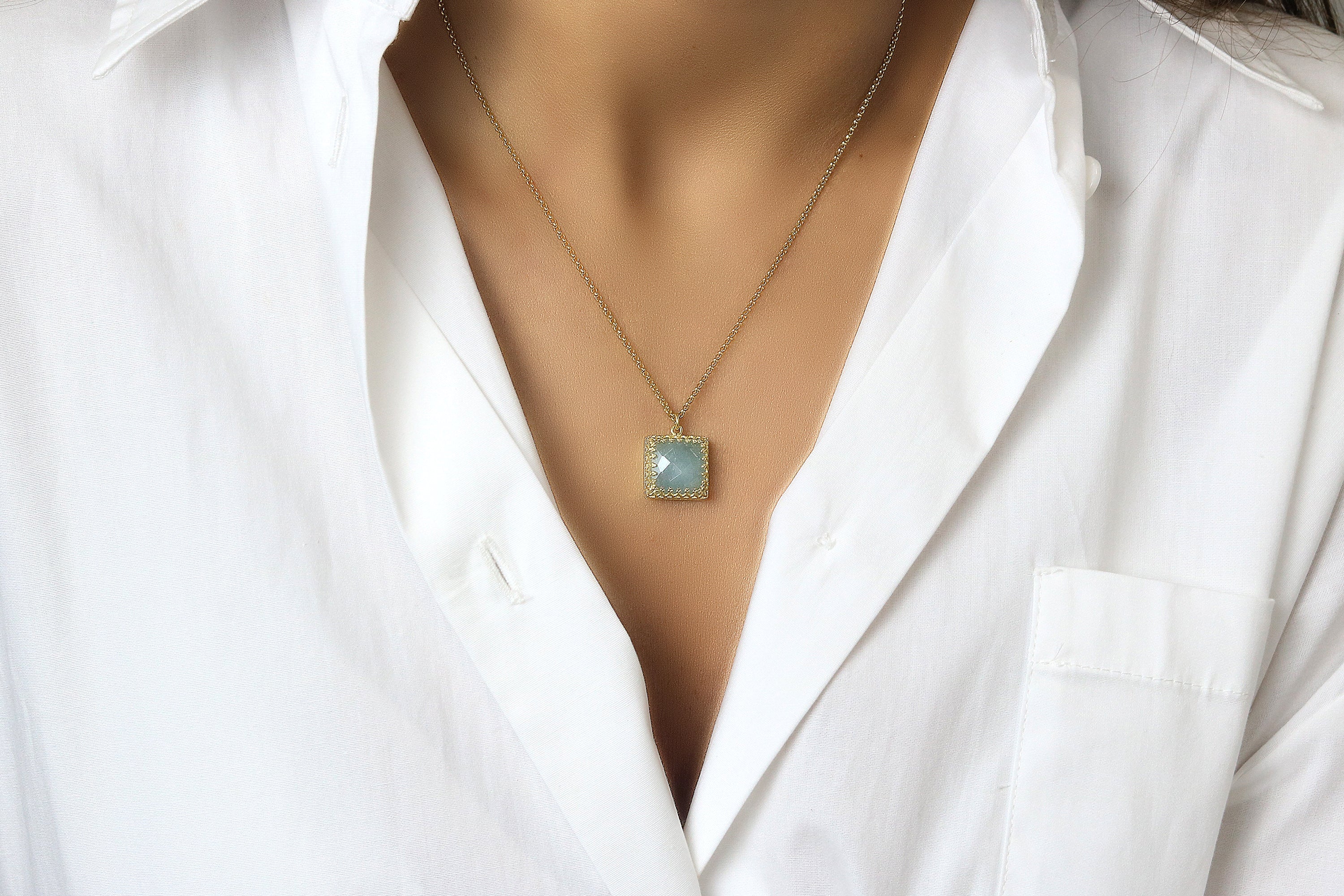 Delicate Aquamarine Pendant Gold Necklace necklaces Anemone Jewelry