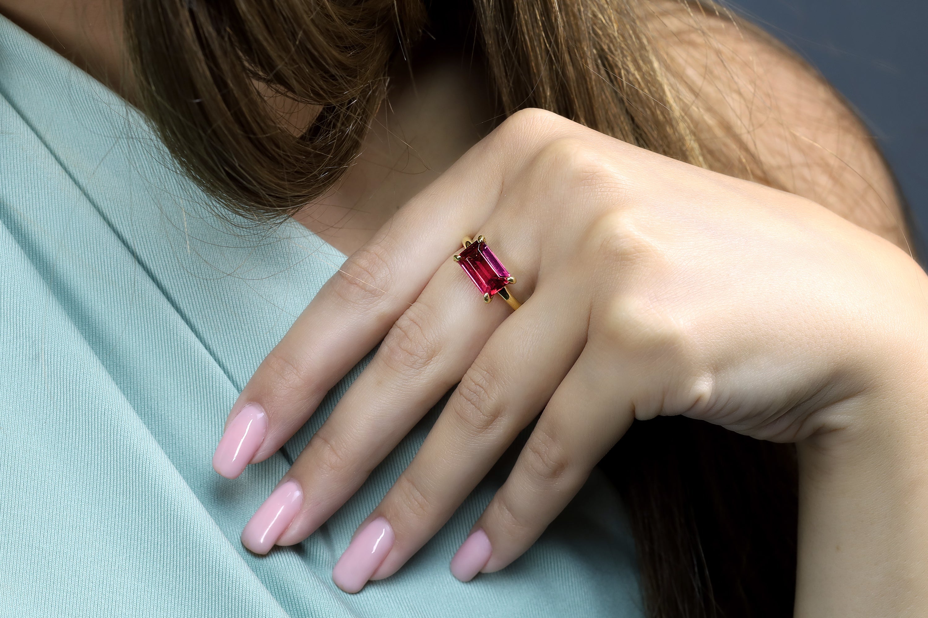 Horizontal Set Pink Tourmaline Rectangle Gold Ring Rings Anemone Unique