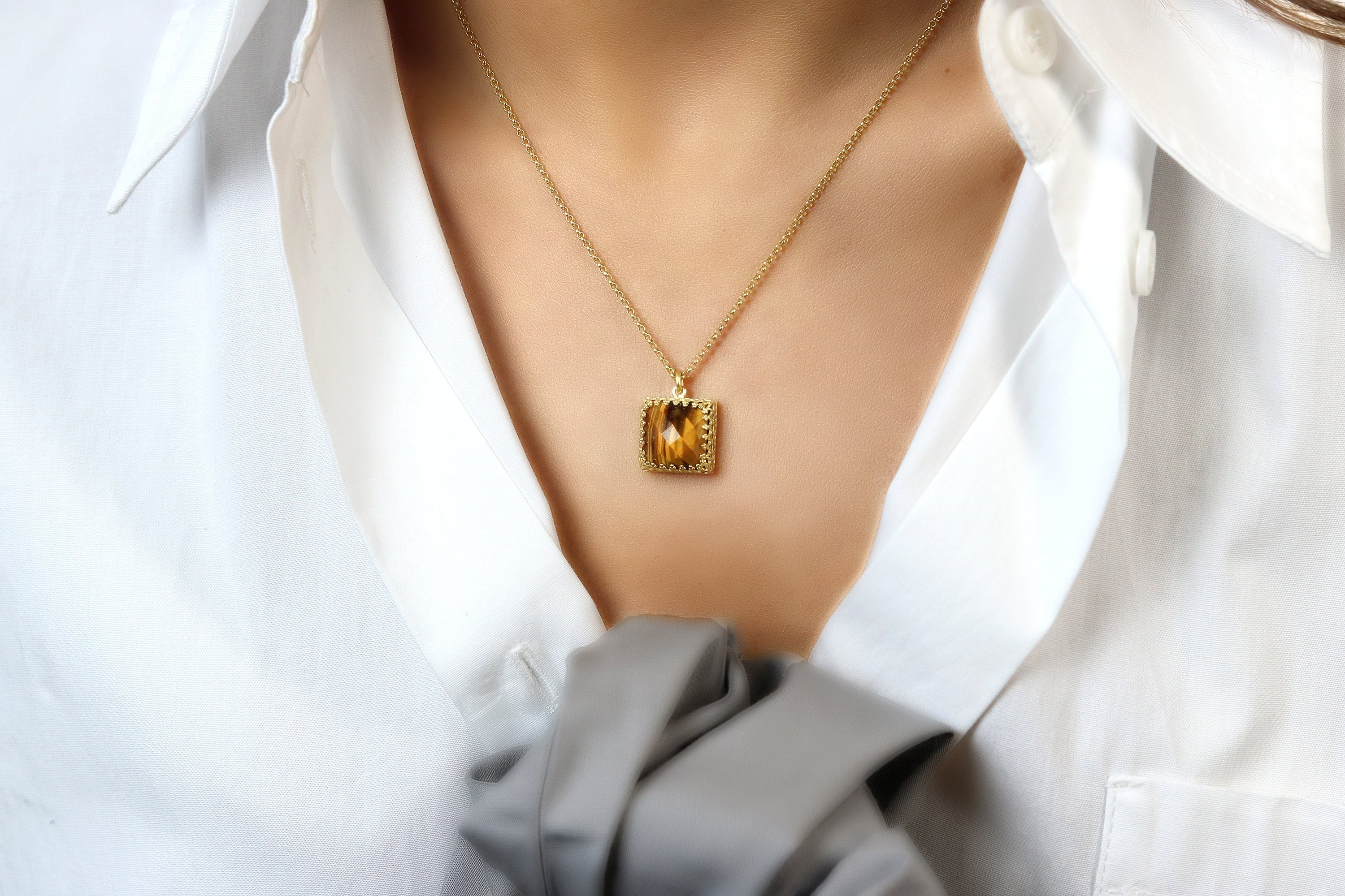 14k Gold Square Cut Tiger Eye Necklace necklaces Anemone Jewelry