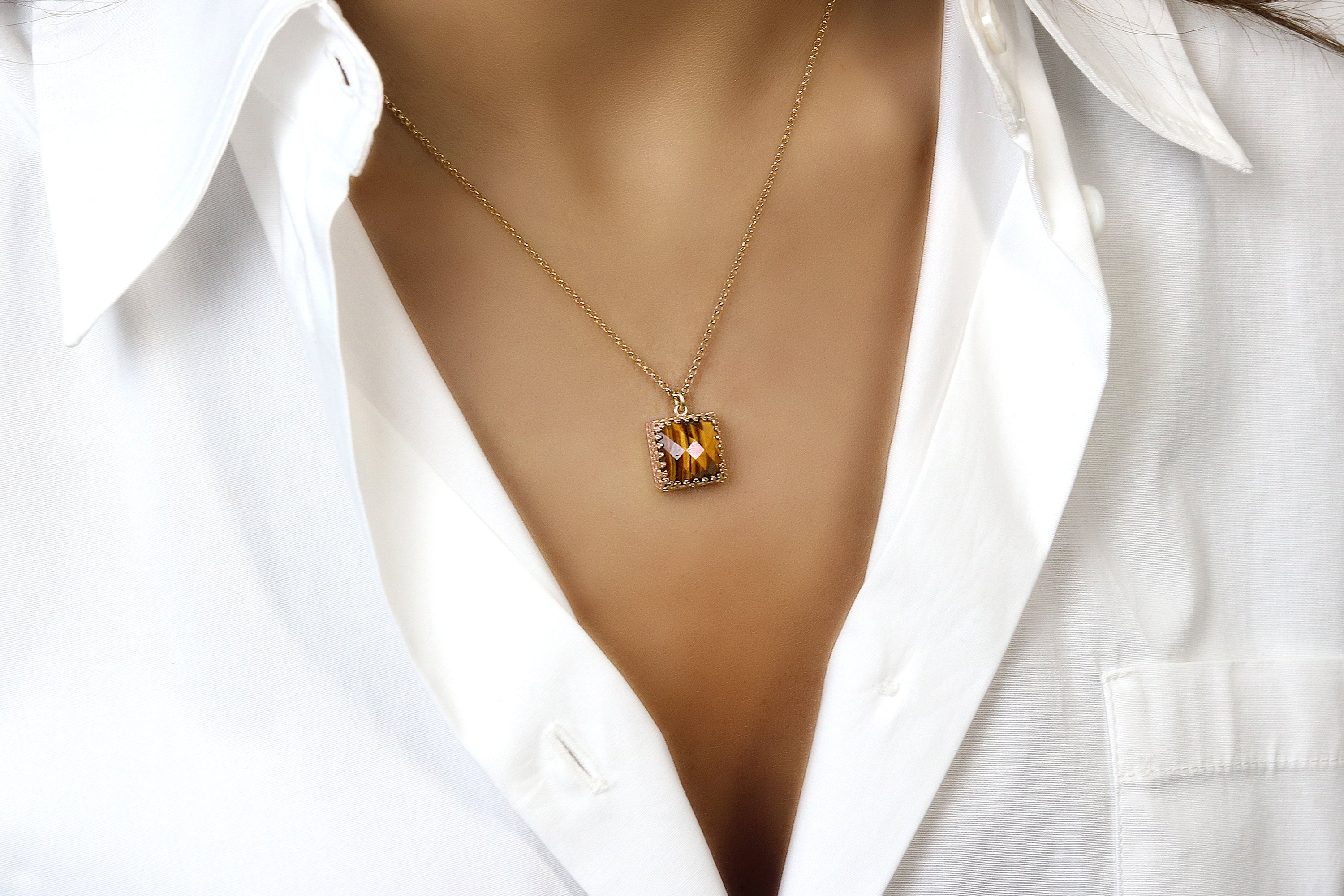 14k Gold Square Cut Tiger Eye Necklace necklaces Anemone Jewelry