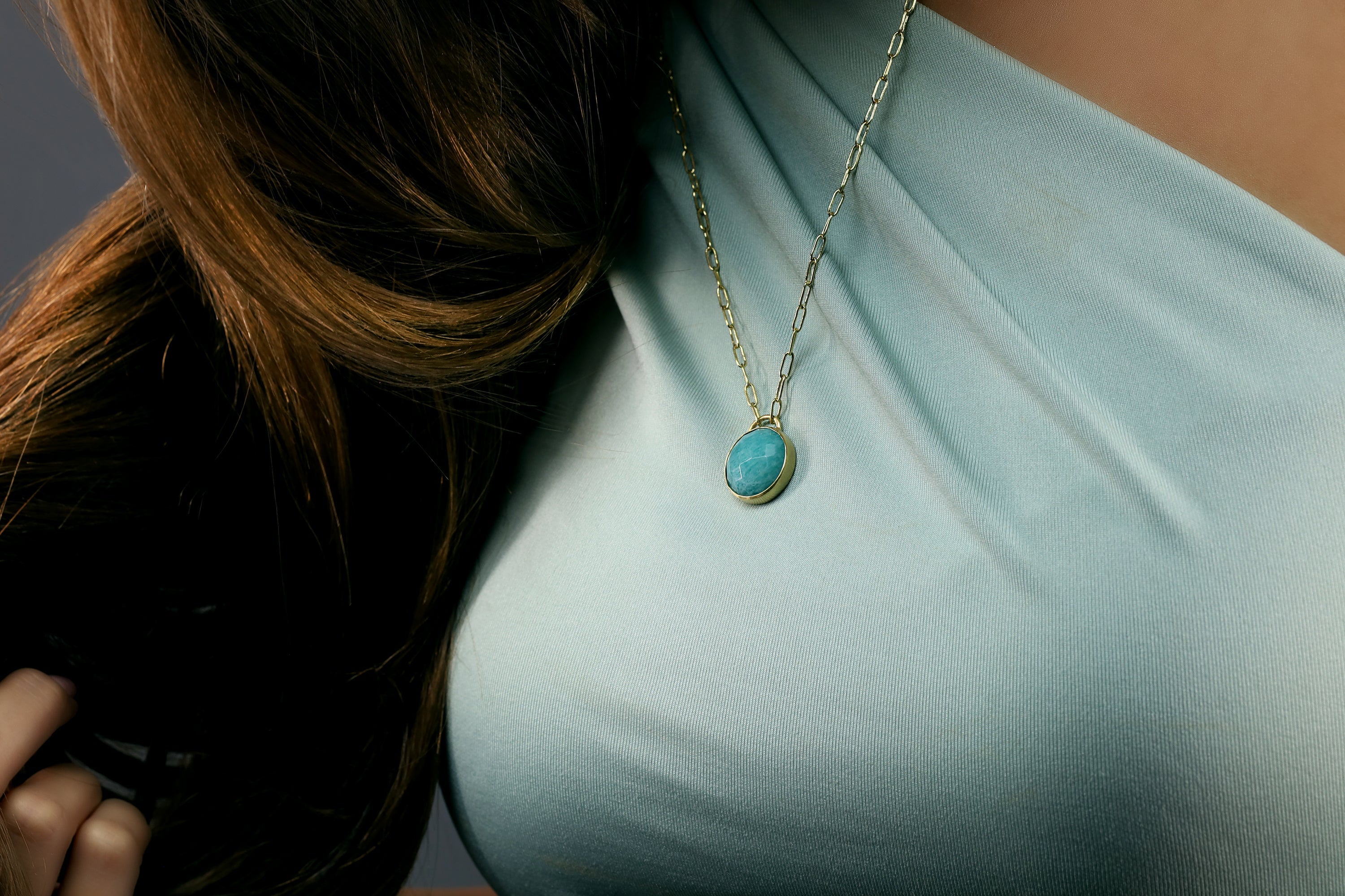 Purse Inspired Blue Amazonite Bezel Set Gold Pendant necklaces Anemone Limited