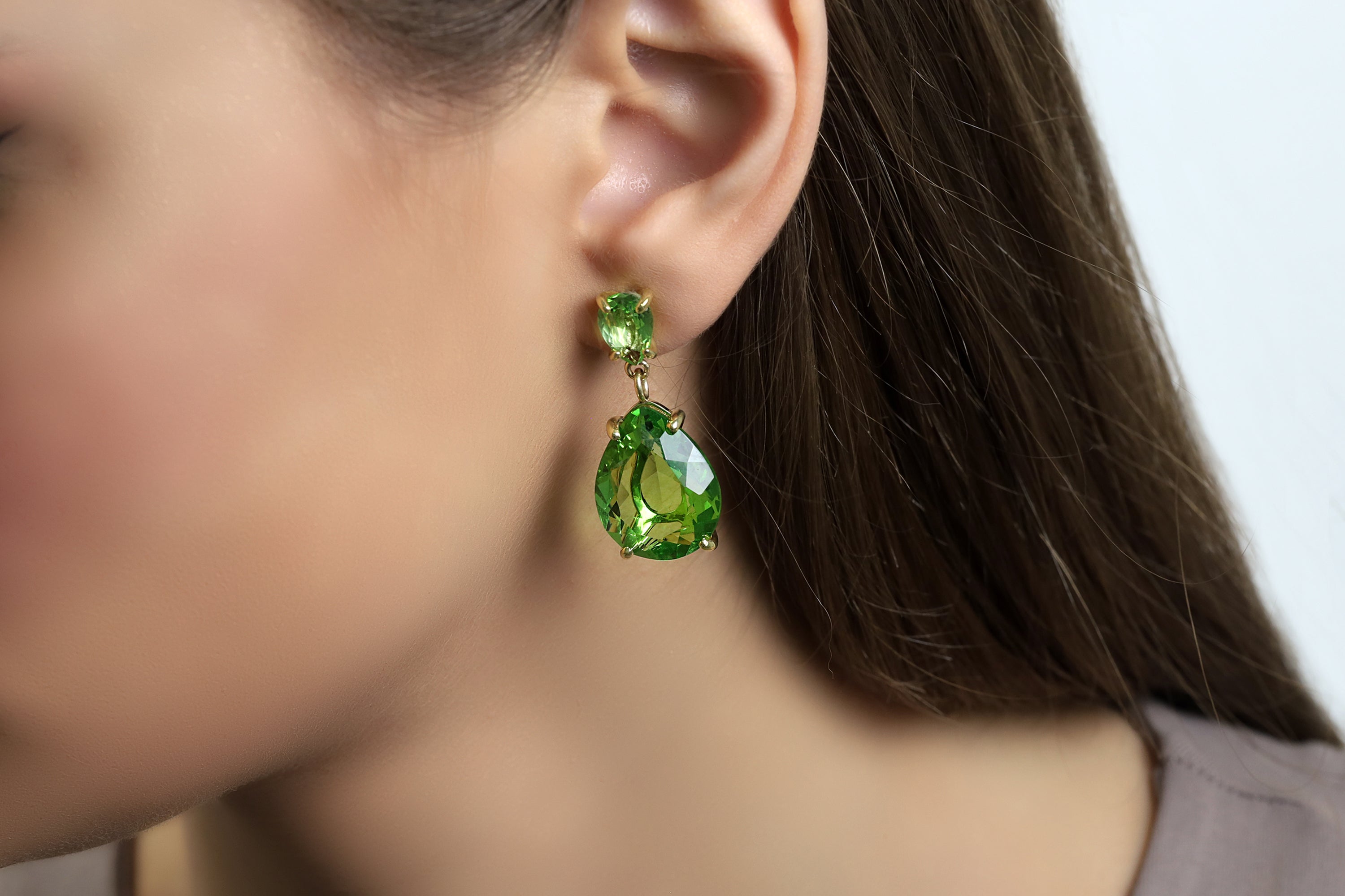 Green Tourmaline Double Pear Gemstone Gold Dangle Earrings Earrings Anemone Jewelry