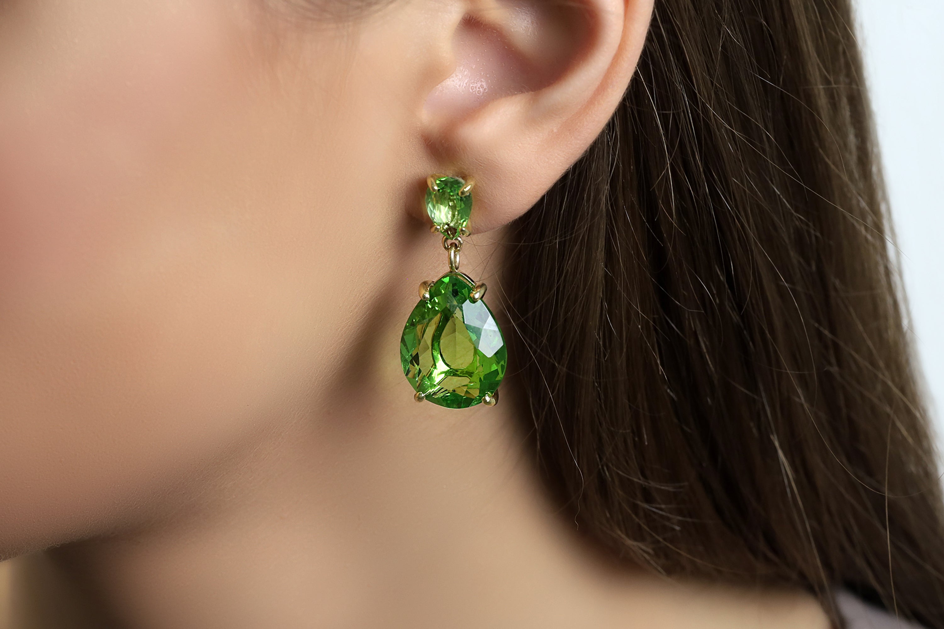 Green Tourmaline Double Pear Gemstone Gold Dangle Earrings Earrings Anemone Jewelry