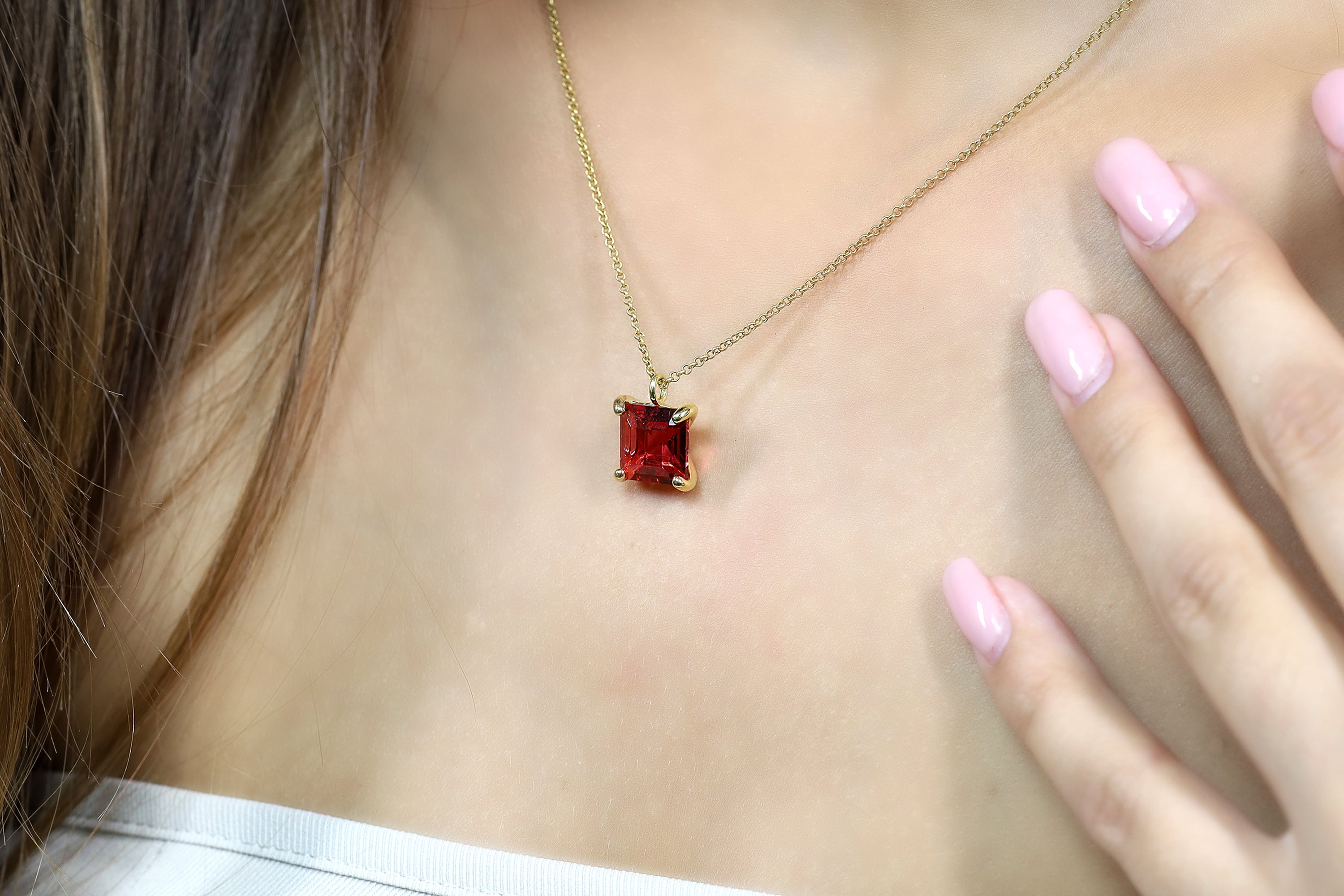 Square Princess Cut Pink Tourmaline Gold Necklace necklaces Anemone Unique