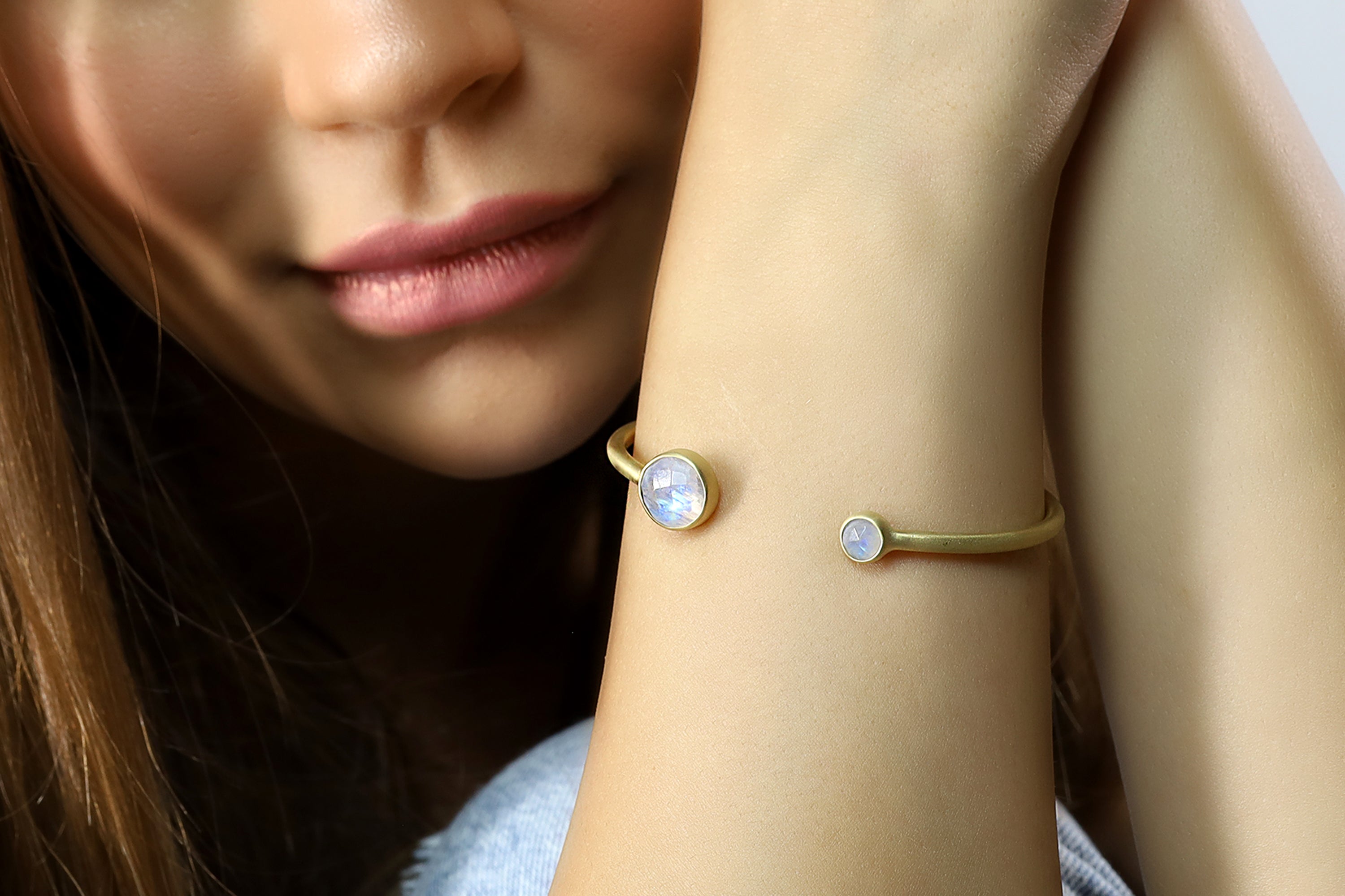 Multistone Bezel Set Rainbow Moonstone Cuff Bracelet in Gold Bracelets Anemone Limited