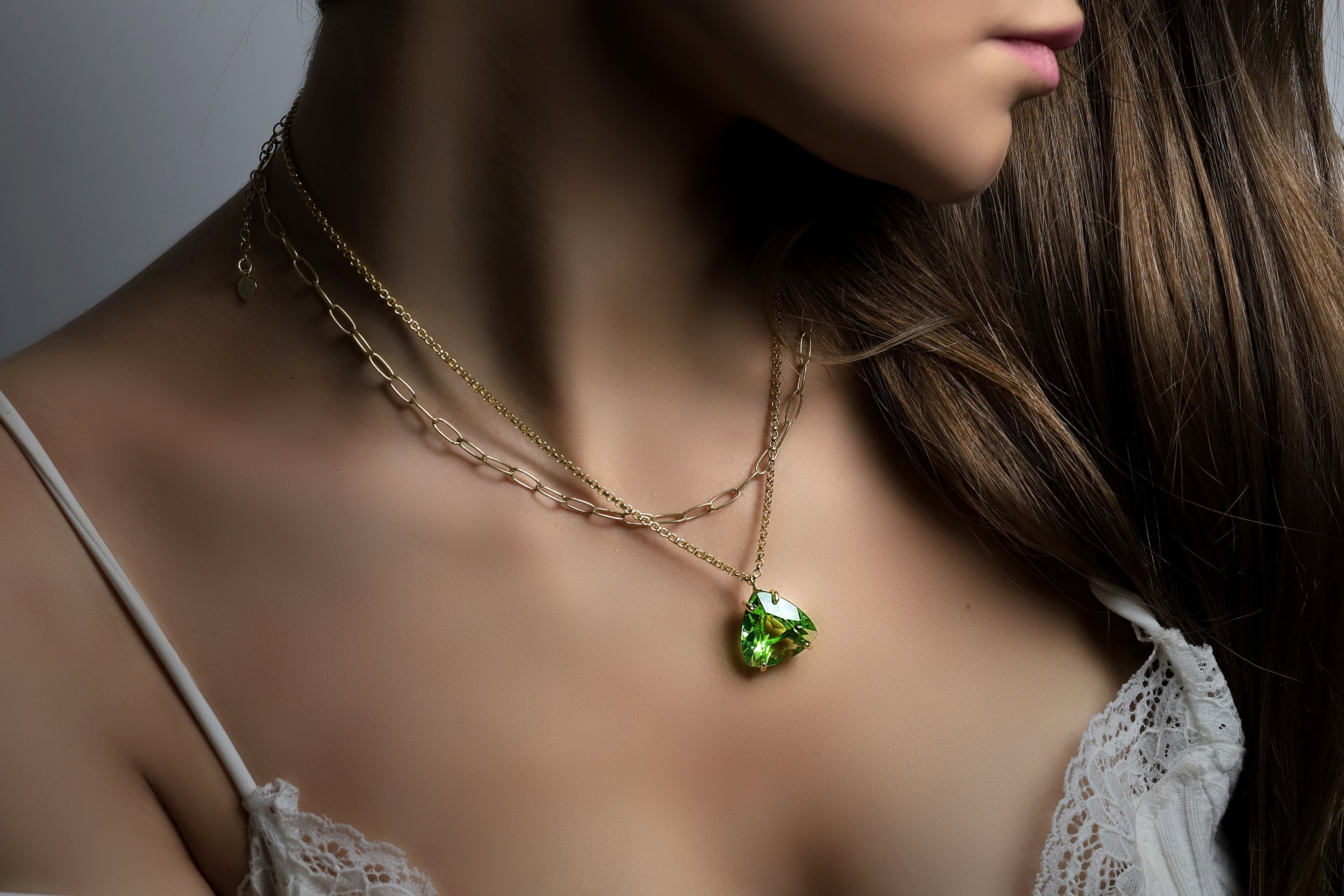 Large Green Tourmaline Trillion Gold Pendant Necklace necklaces Anemone Jewelry