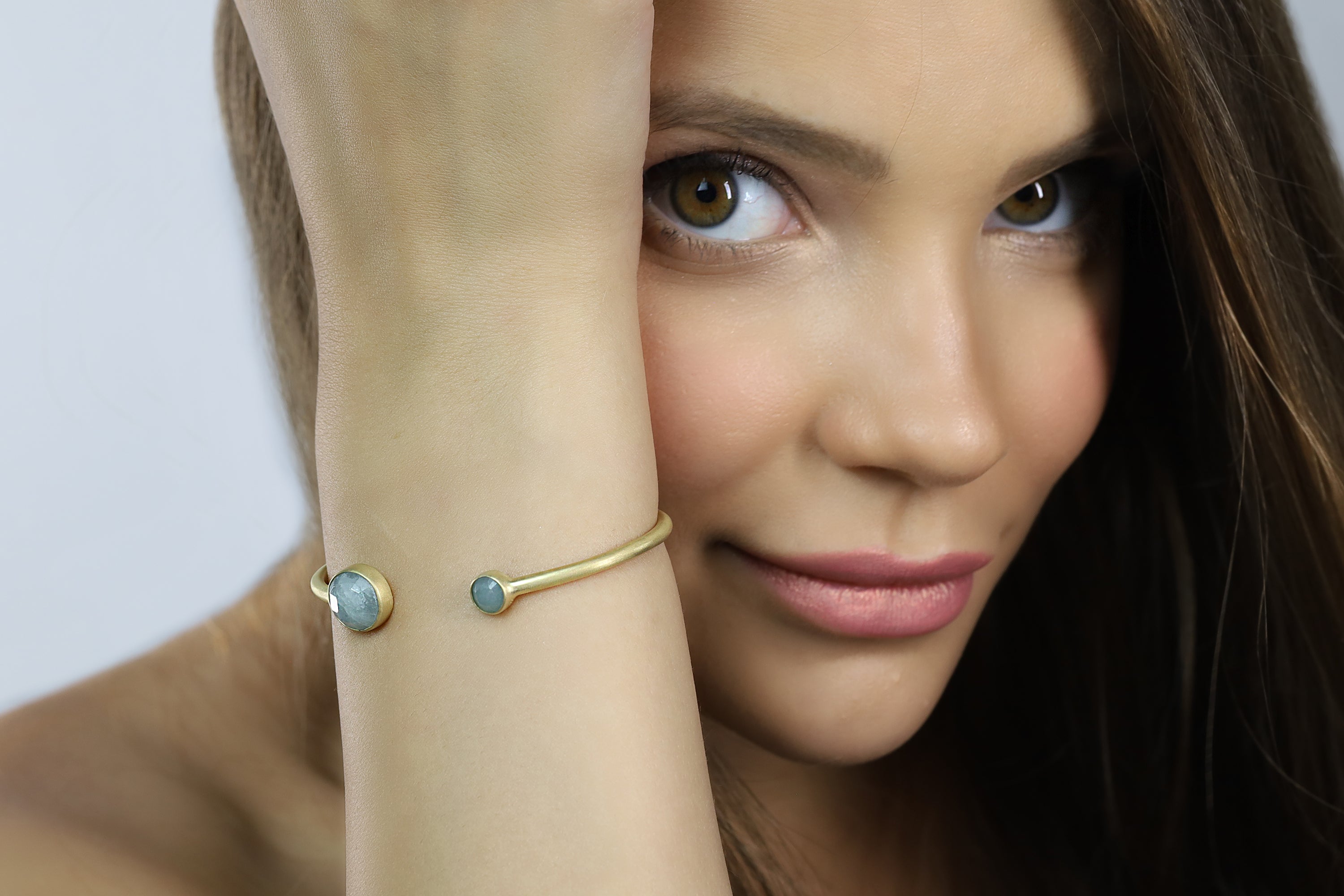 Aquamarine Multi Stone Bezel Set Gold Open Cuff Bracelet Bracelets Anemone Limited