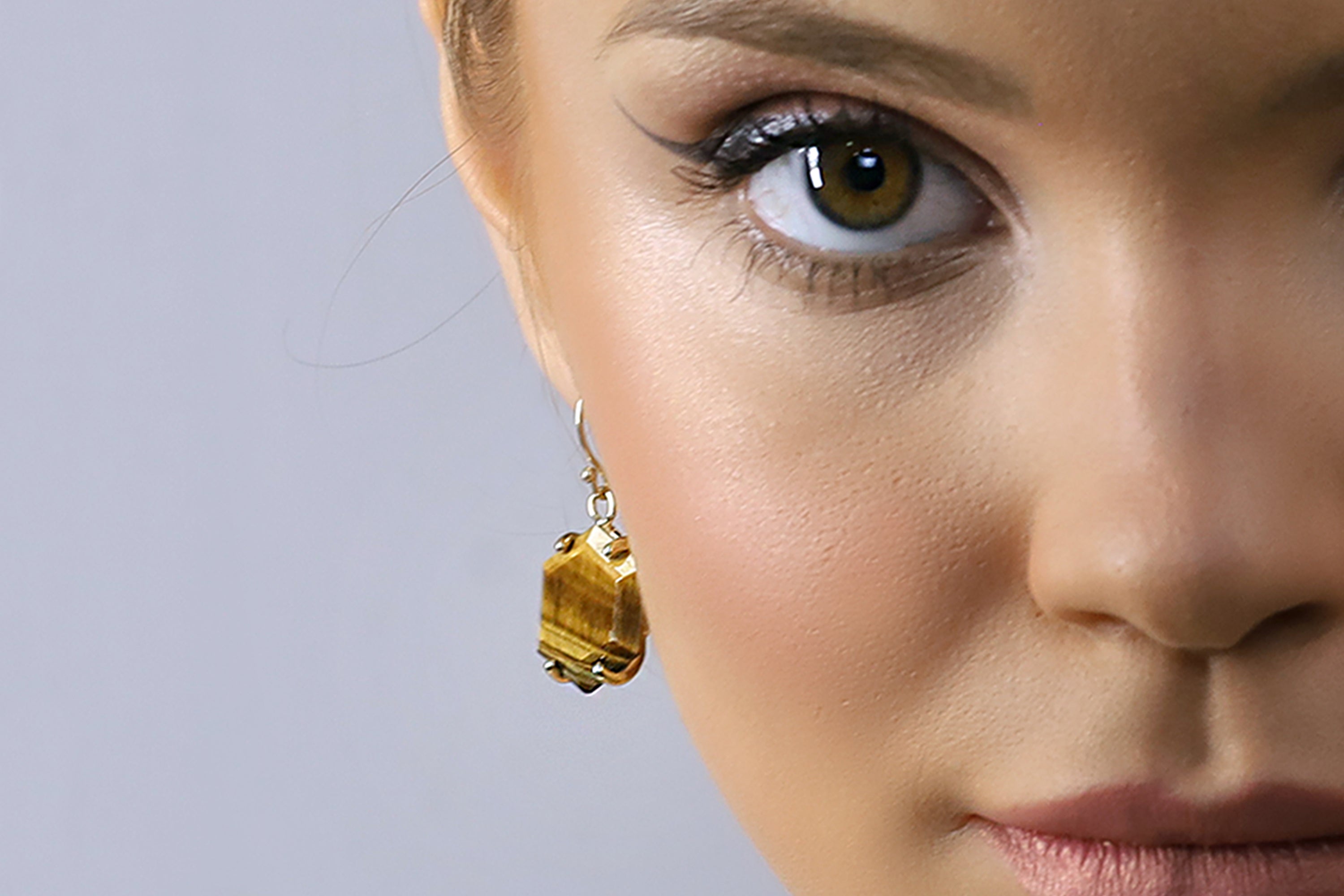 Tiger Eye Hexagon Gemstone Gold Earrings Earrings Anemone Jewelry