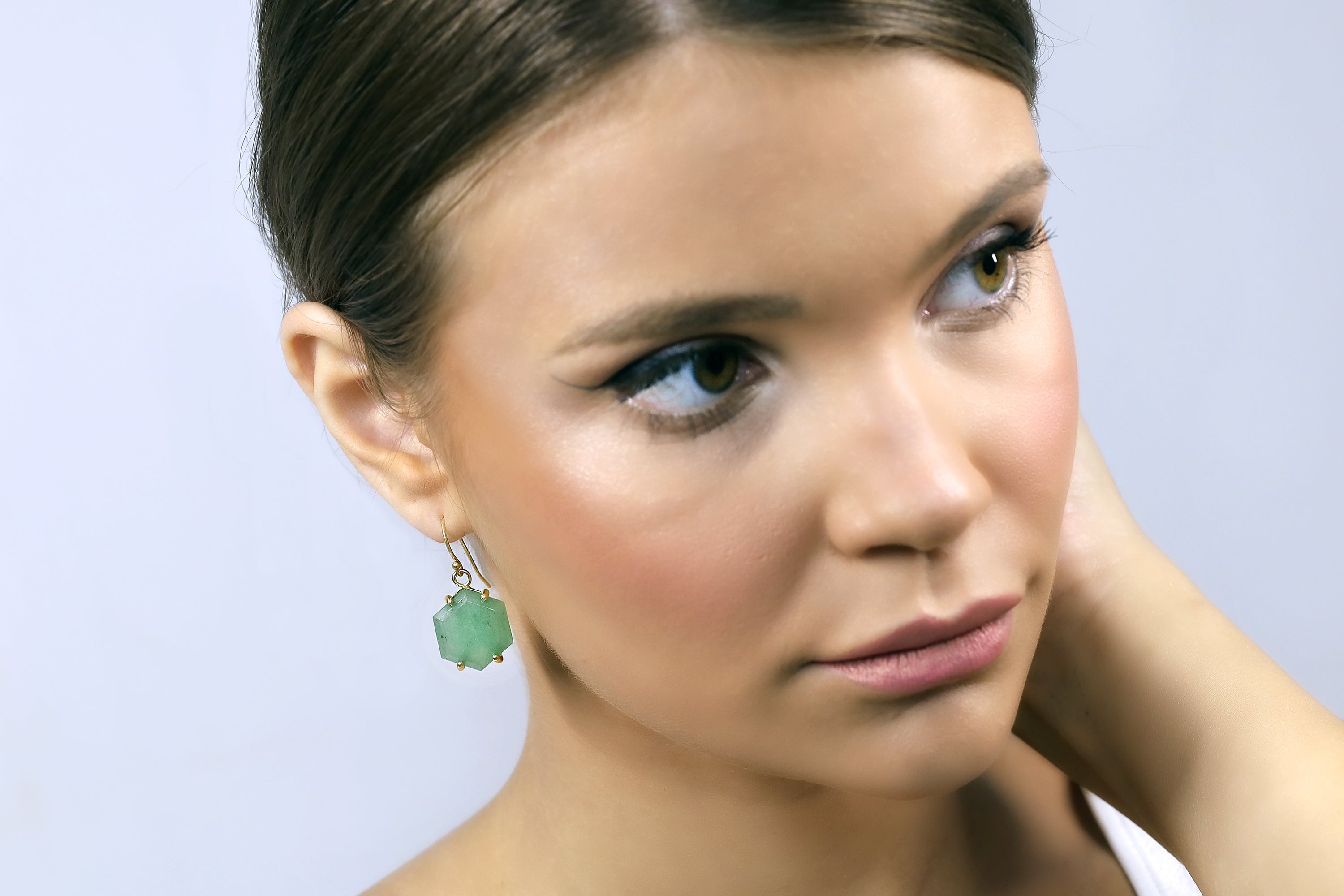 Hexagon Shape Green Aventurine Gold Earrings Earrings Anemone Jewelry