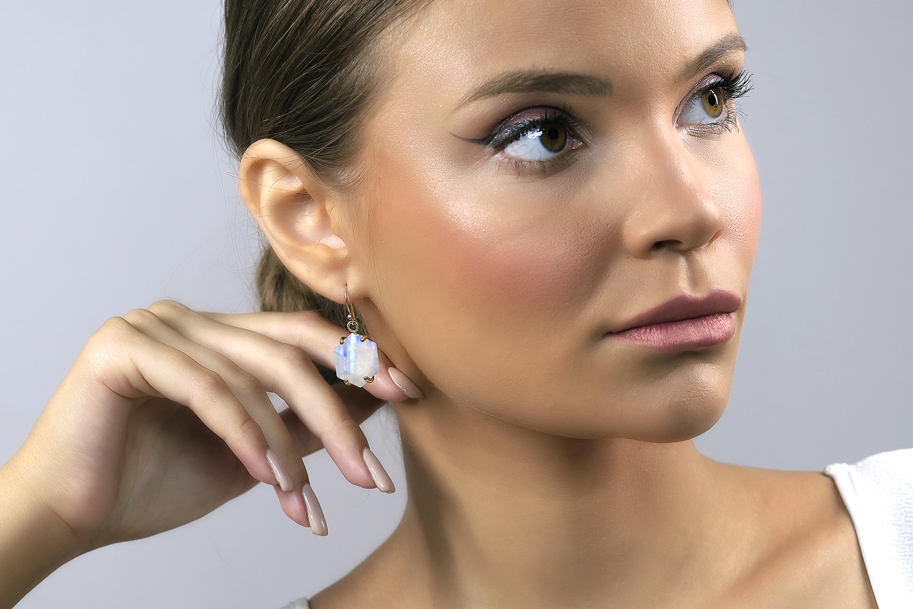 Hexagon Cut Gold Rainbow Moonstone Ring Earrings Anemone Jewelry