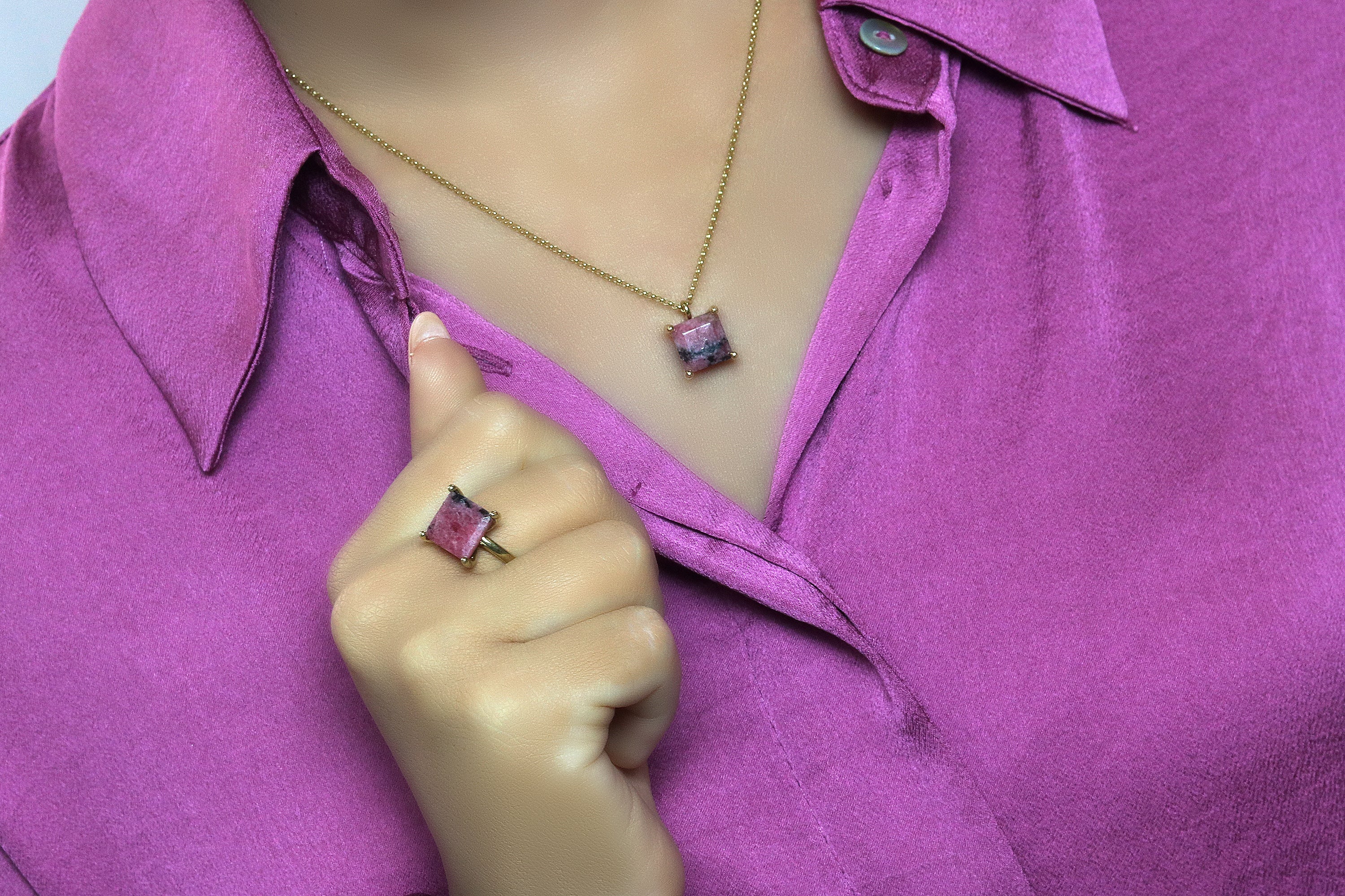 Square Rhodonite Pendant Necklace in Gold necklaces Anemone Unique