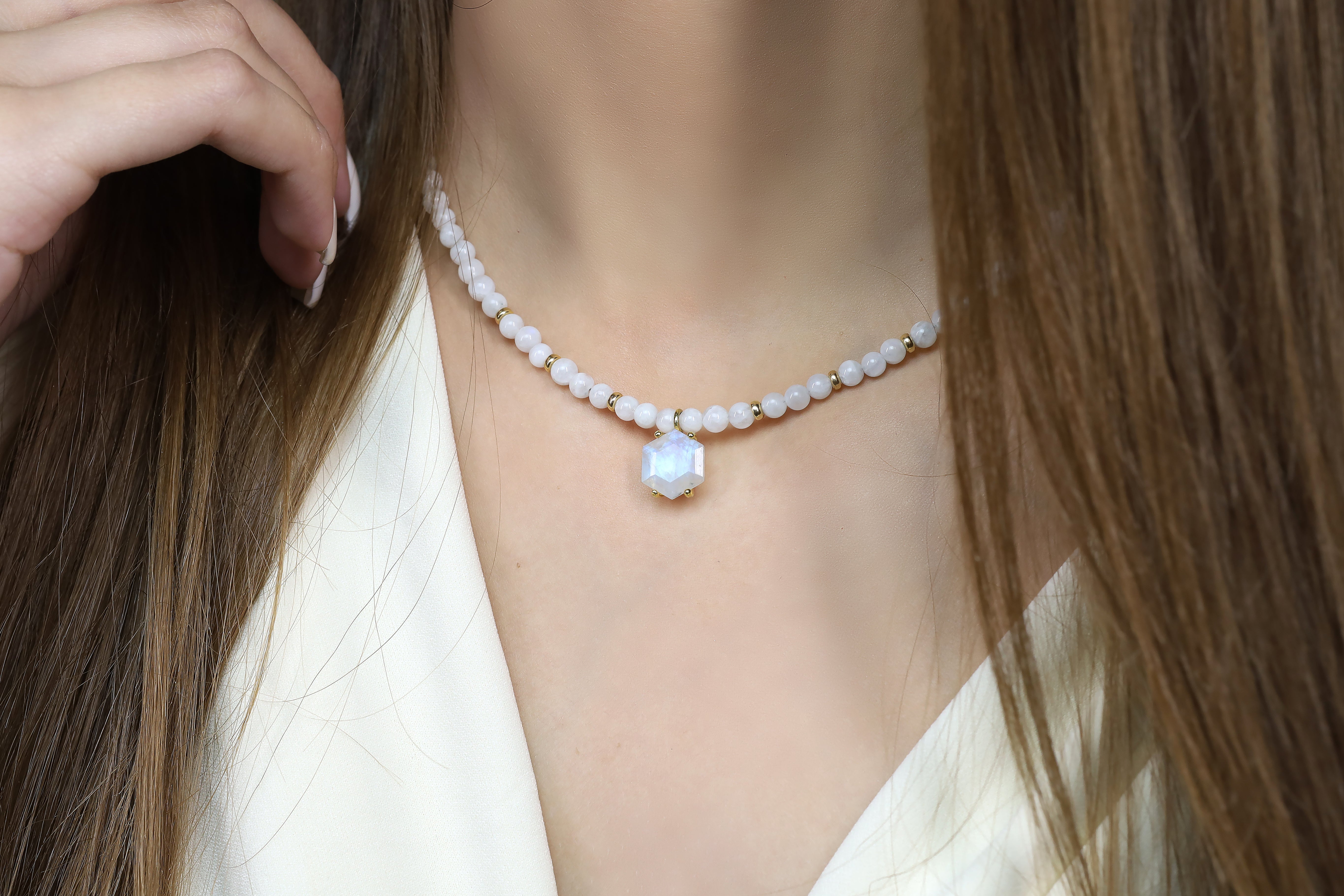 Rainbow Moonstone Hexagon Gold Pendant Necklace necklaces Anemone Jewelry