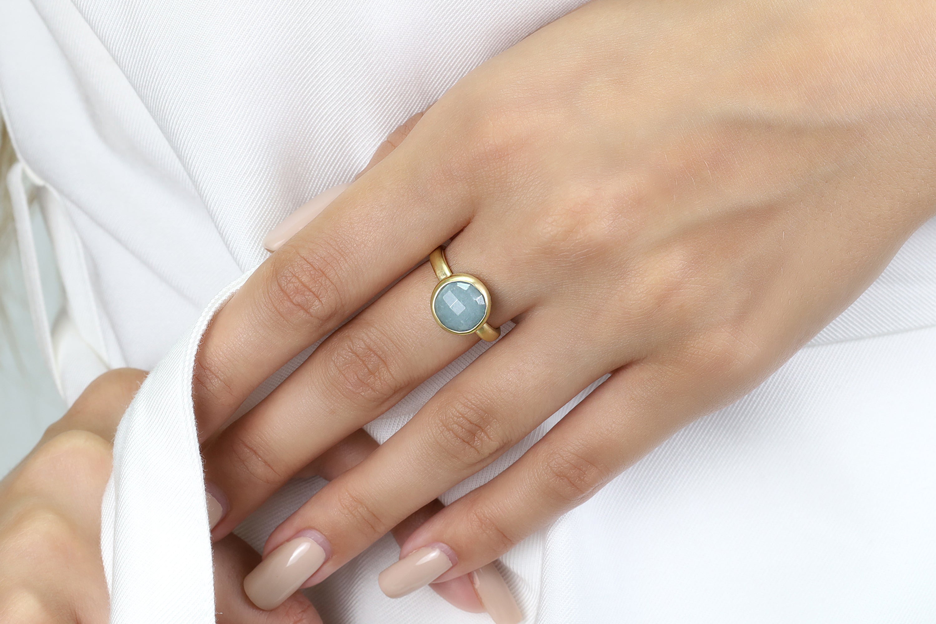 Round Bezel-Set Aquamarine Gold Ring Rings Anemone Limited