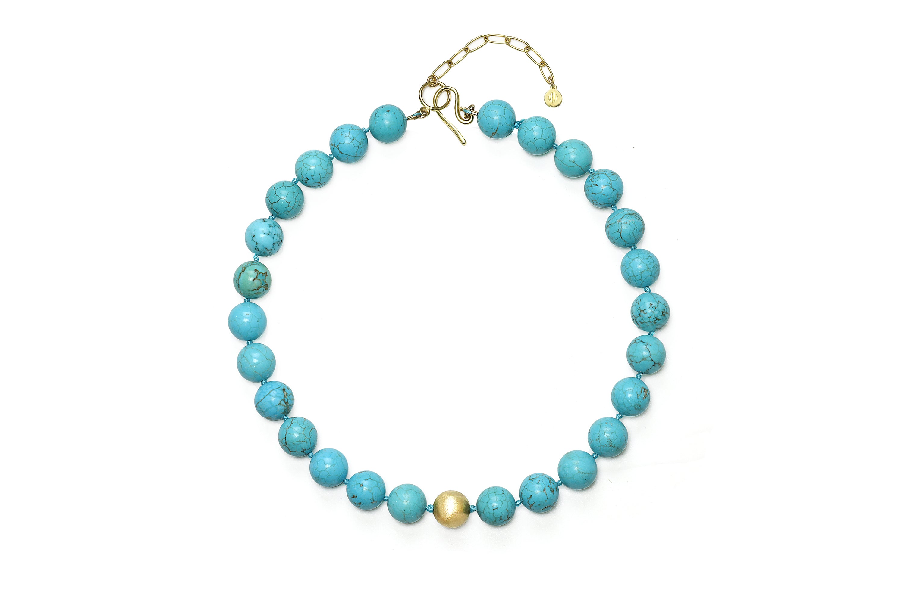 Turquoise Knotted Necklace with Single Brushed Gold Bead necklaces Anemone Jewelry