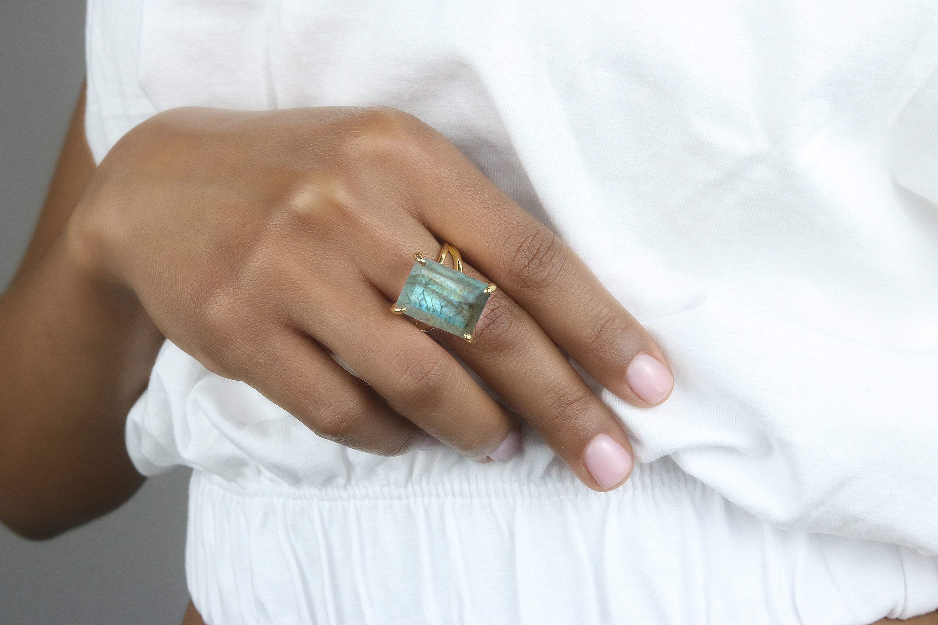 Glamorous Rectangle Labradorite 14K Gold Ring Rings Anemone Jewelry