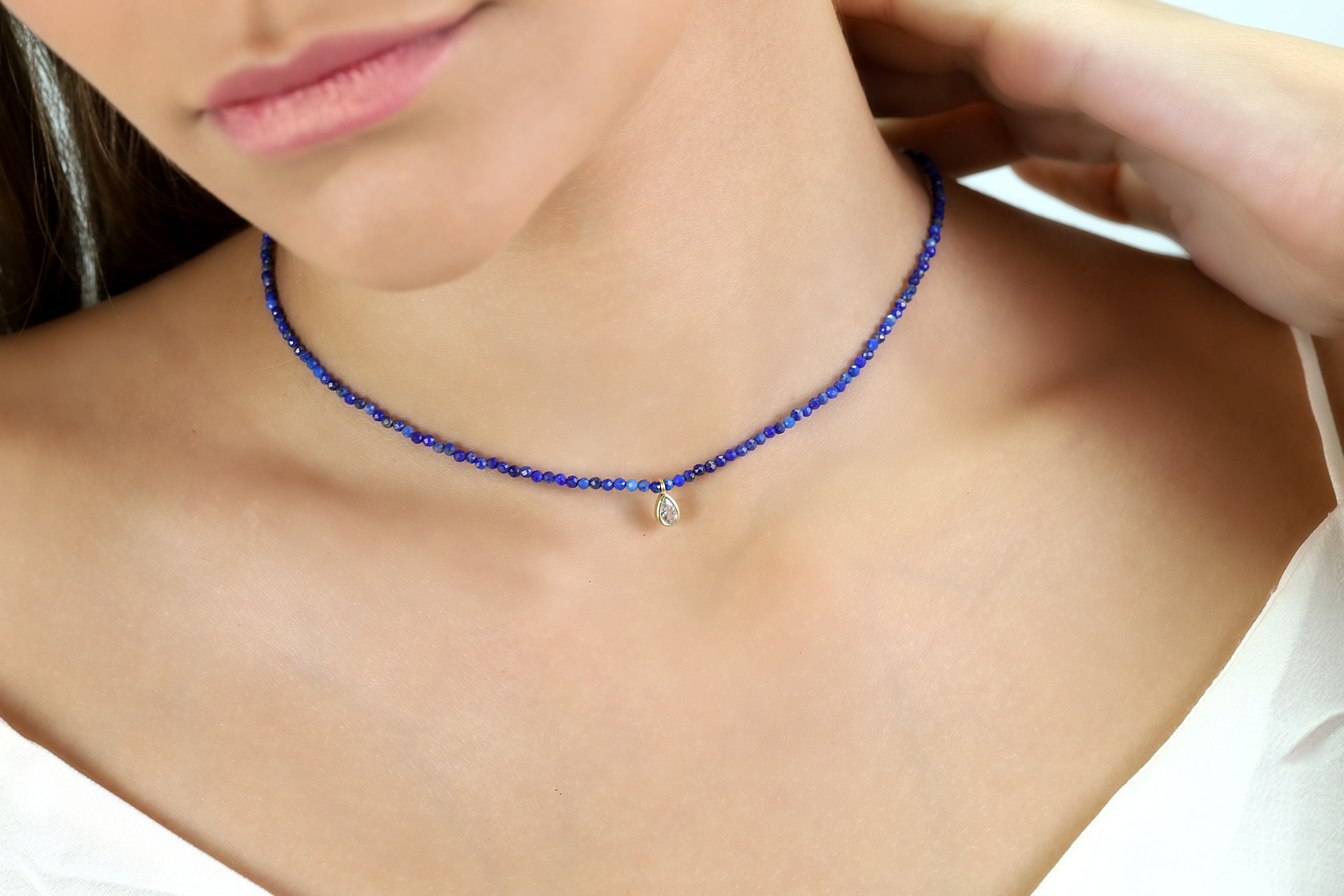 Dainty Cubic Zirconia Charm Necklace with Lapis Lazuli Beads necklaces Anemone Unique