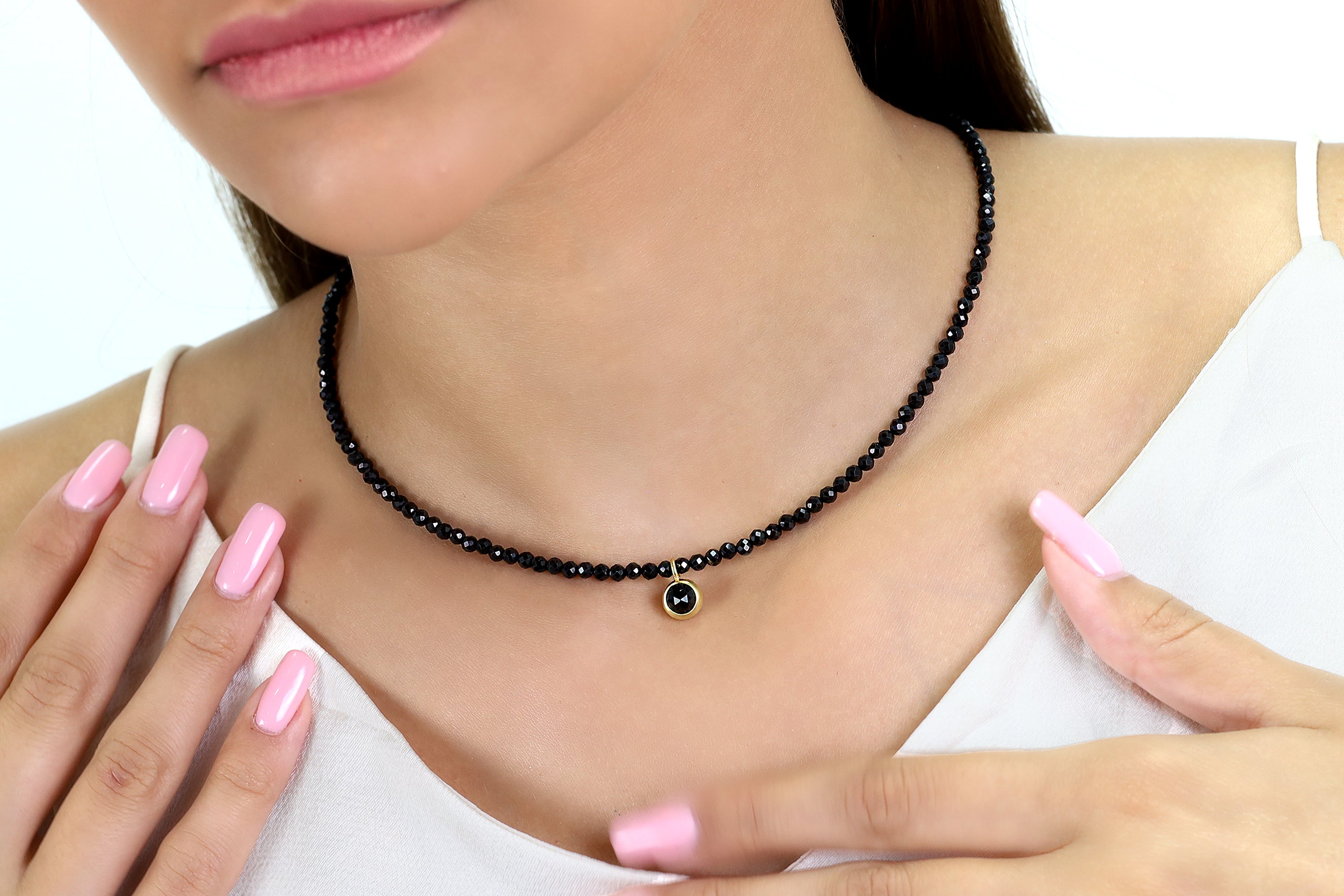 Gold Onyx Round Bezel Pendant Spinel Beaded Necklace necklaces Anemone Limited