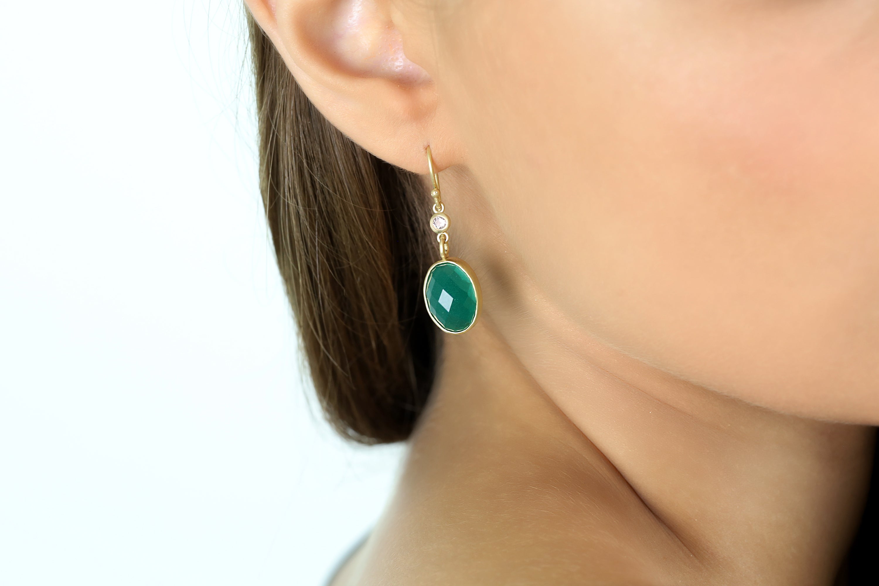 Green Onyx Gemstone Dangle Gold Earrings with CZ Earrings Anemone Limited