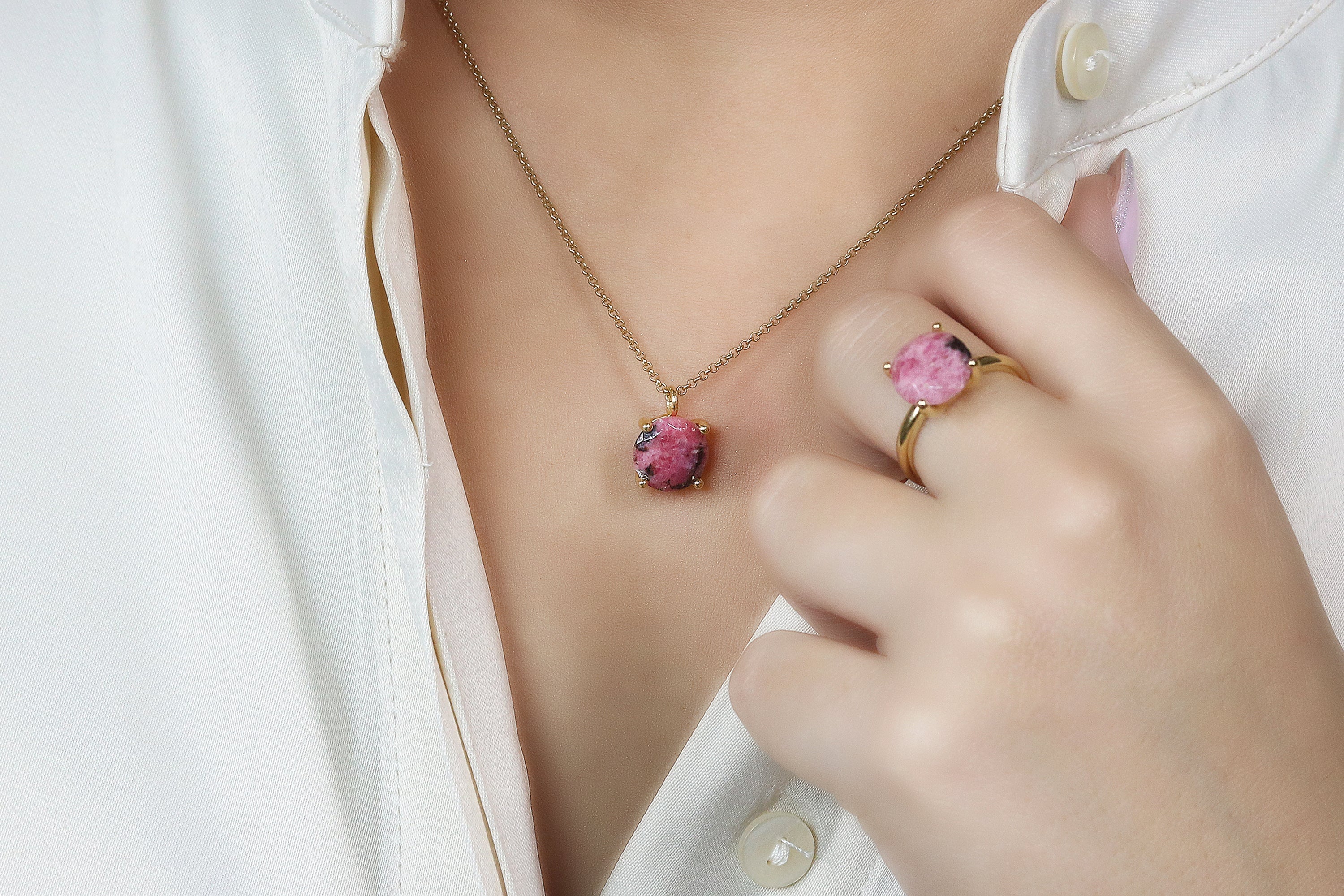 Pink Rhodonite Crystal Gold Necklace necklaces Anemone Unique