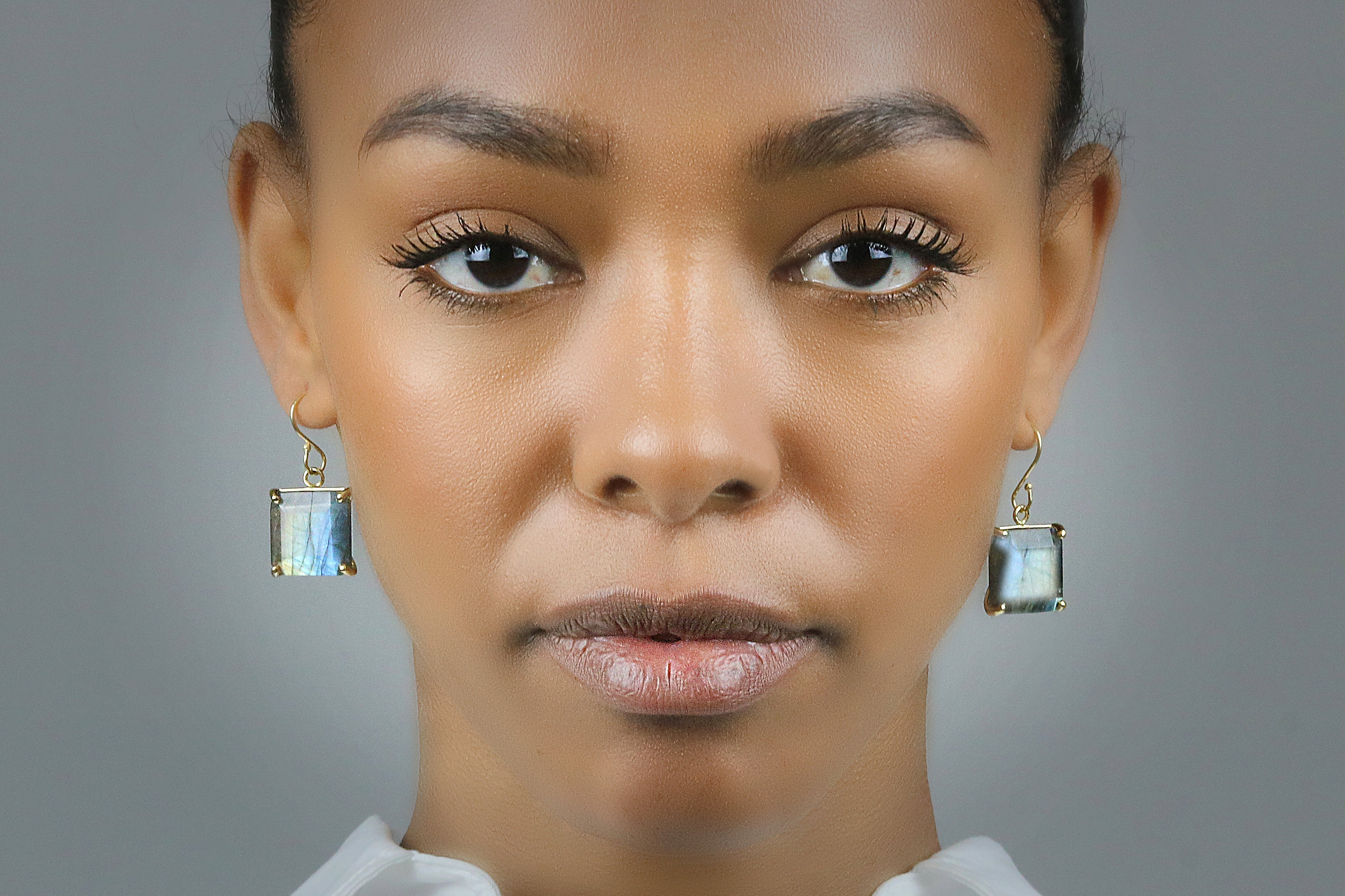 Square Stone Labradorite Gold Earrings Earrings Anemone Jewelry