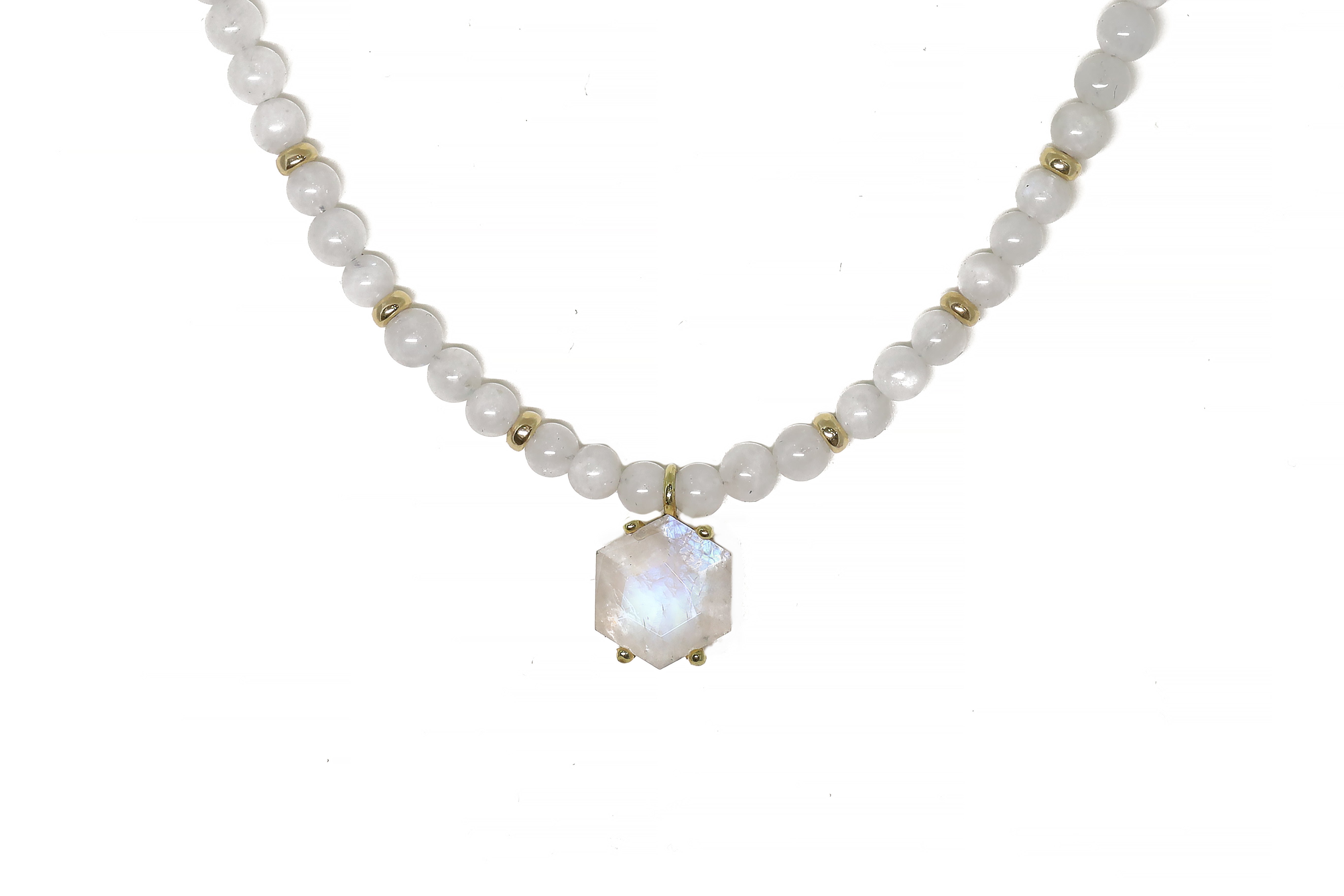 Rainbow Moonstone Hexagon Gold Pendant Necklace necklaces Anemone Jewelry