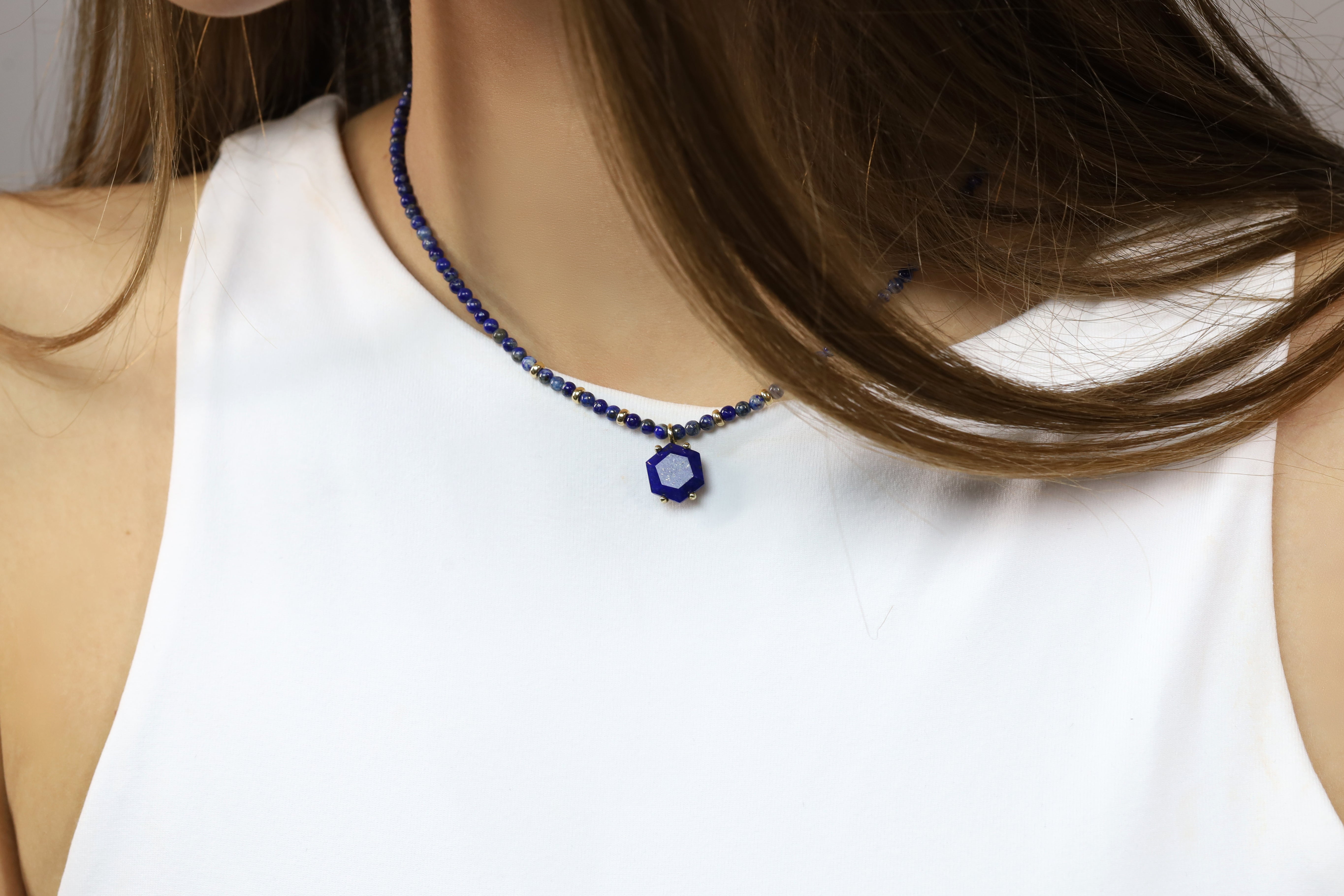 Lapis Lazuli Pendant Beaded Gold Necklace necklaces Anemone Jewelry